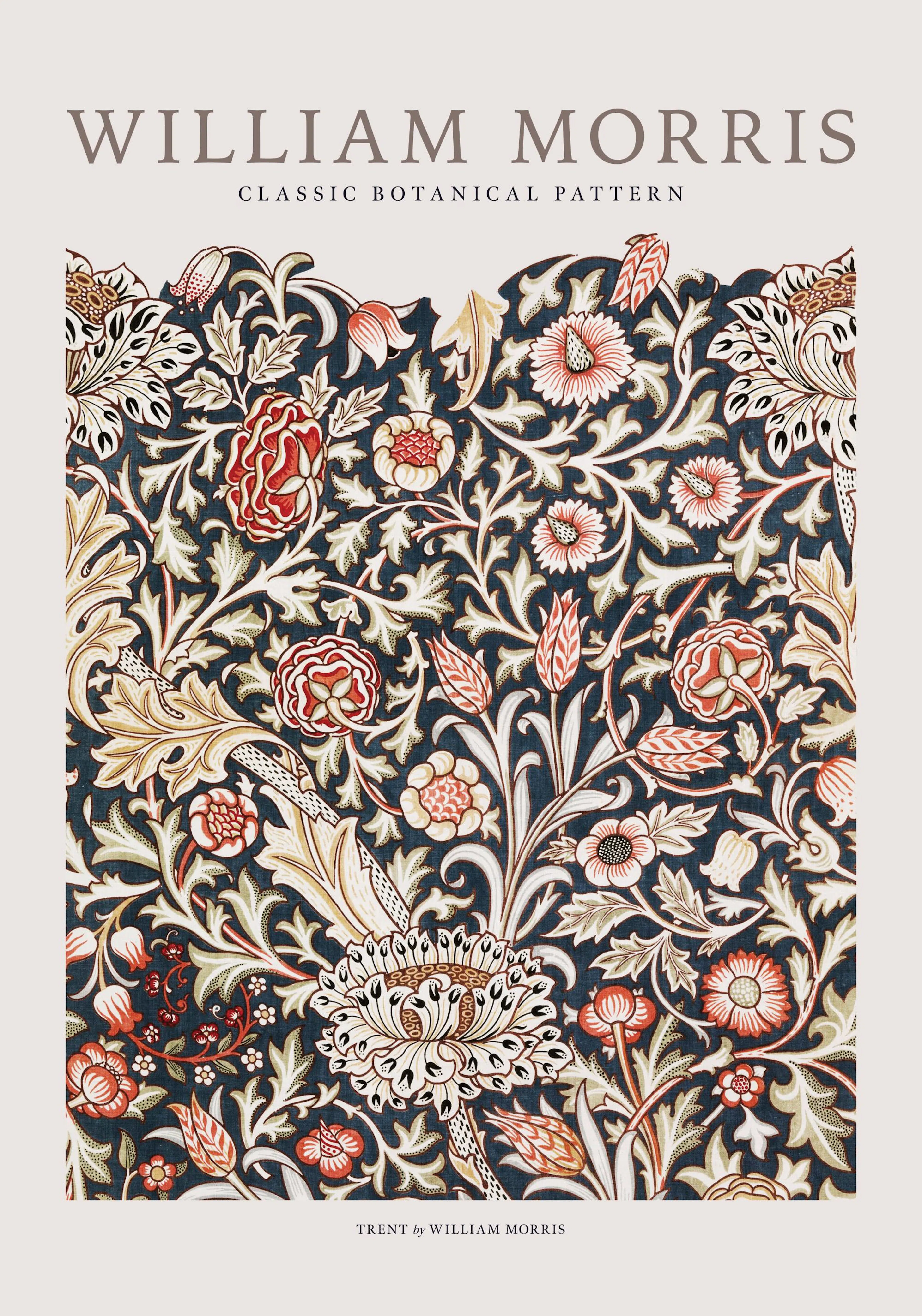 William Morris Trent floral print poster with red, beige, and grey flowers on a dark background