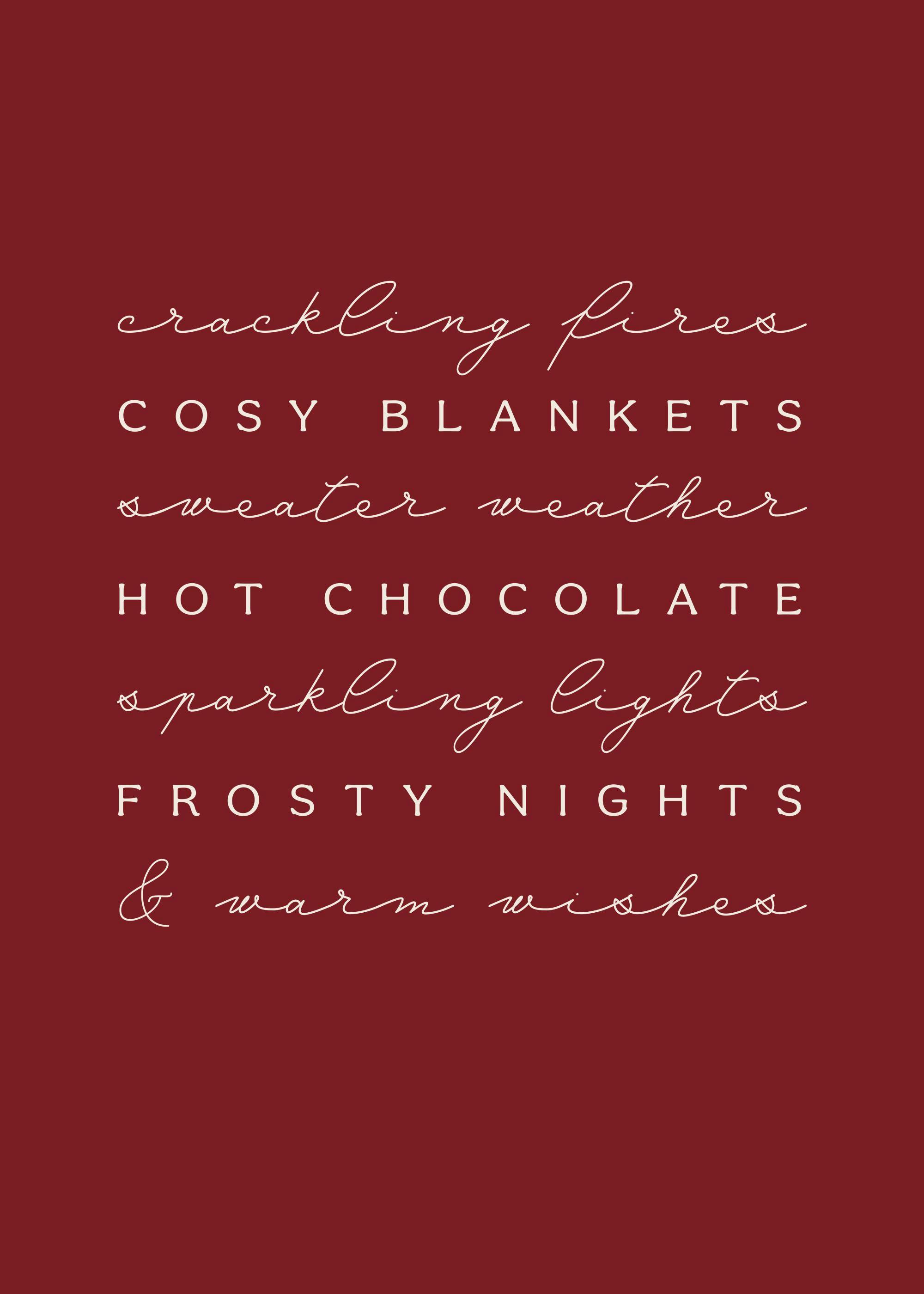Warm Wishes typography poster with winter-themed words in white script and sans-serif fonts on a deep red background.