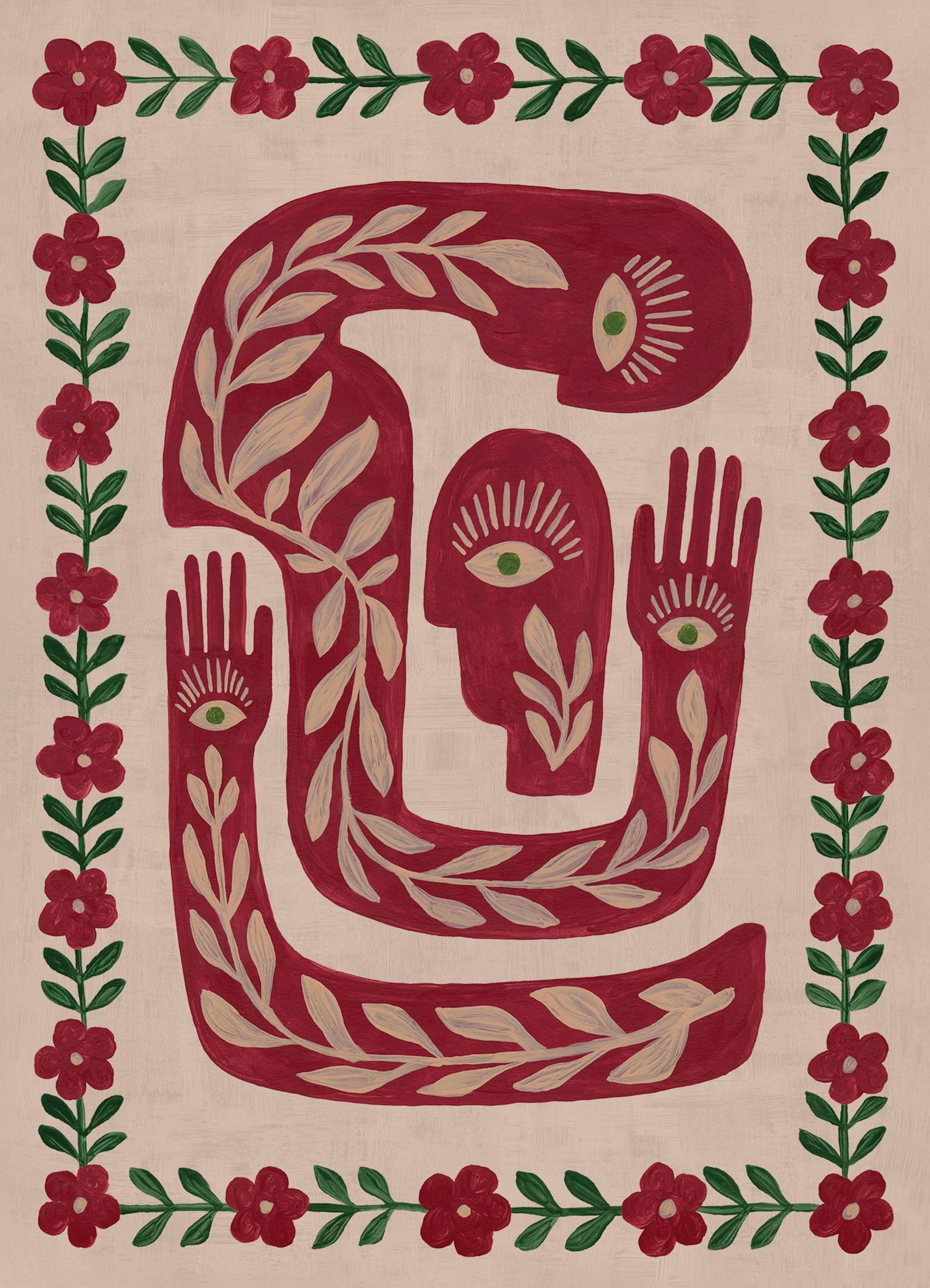 Poster con corpi astratti rossi, beige scuro e verdi, occhi, mani e foglie. Motivo floreale rosso e verde sul bordo.