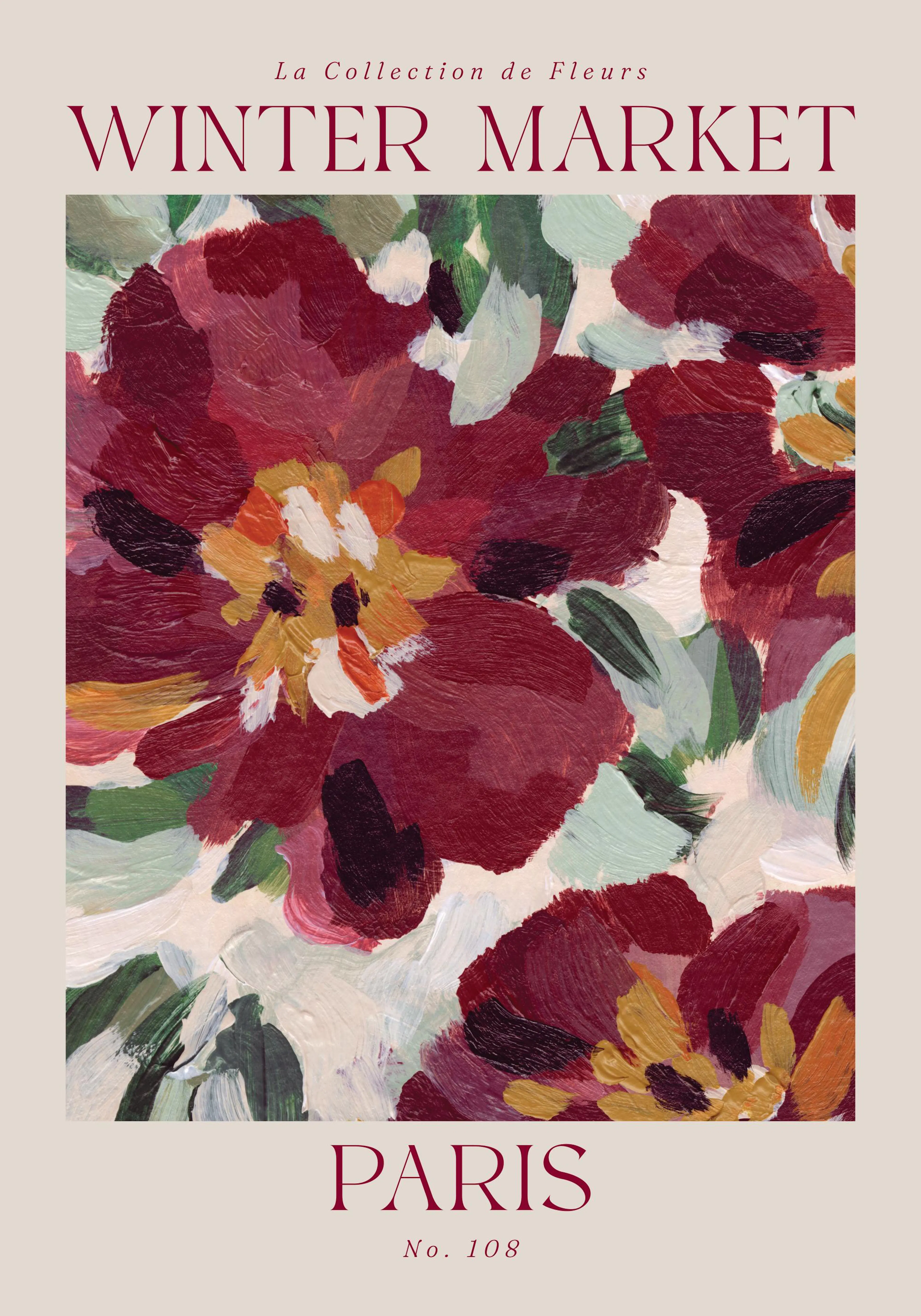 Kunstplakat med malede røde blomster og grønne blade, impressionistisk stil, parisisk vintermarked stemning.