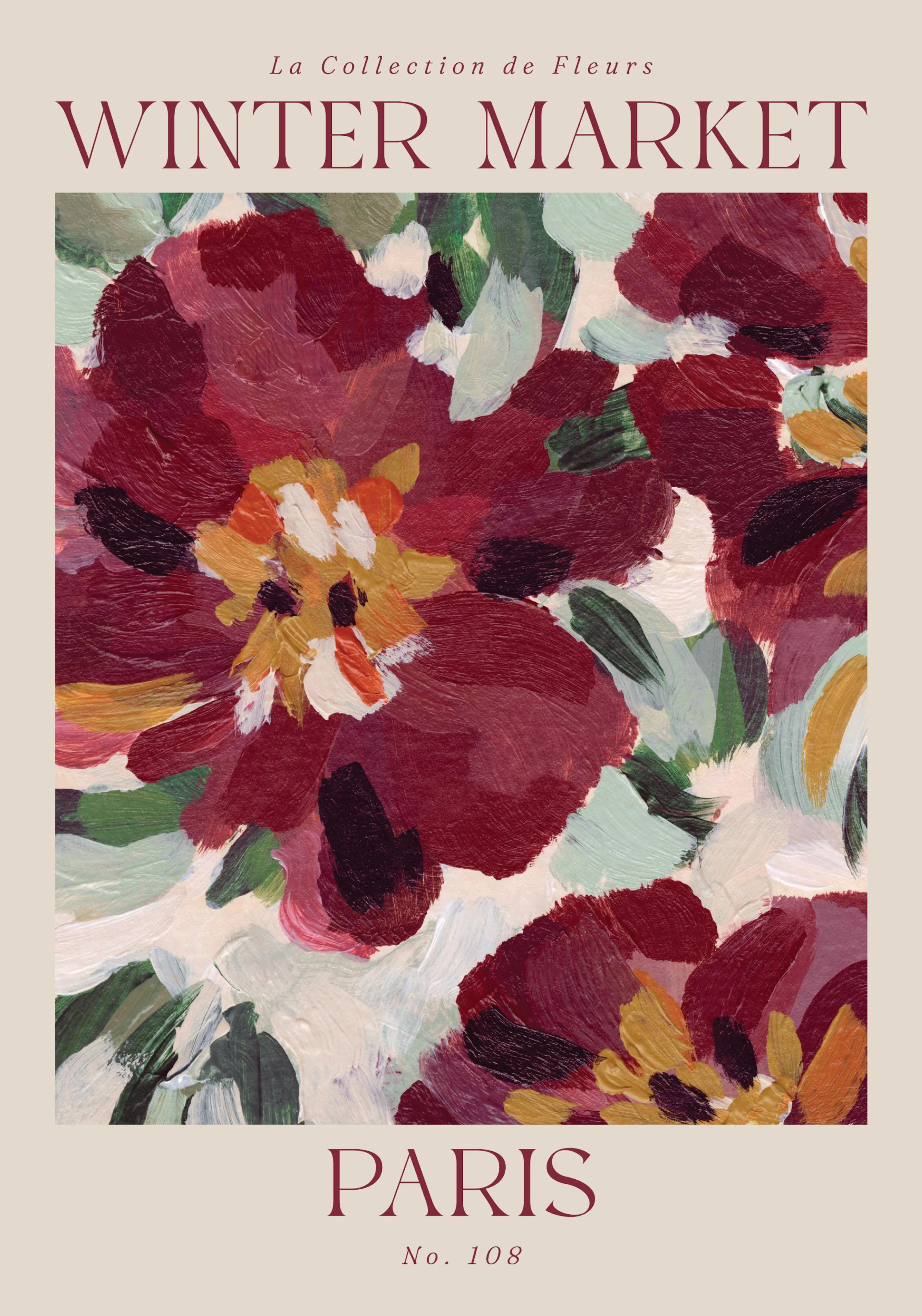 Poster mercato invernale con fiori rossi e verdi in stile impressionista, testo Winter Market Paris