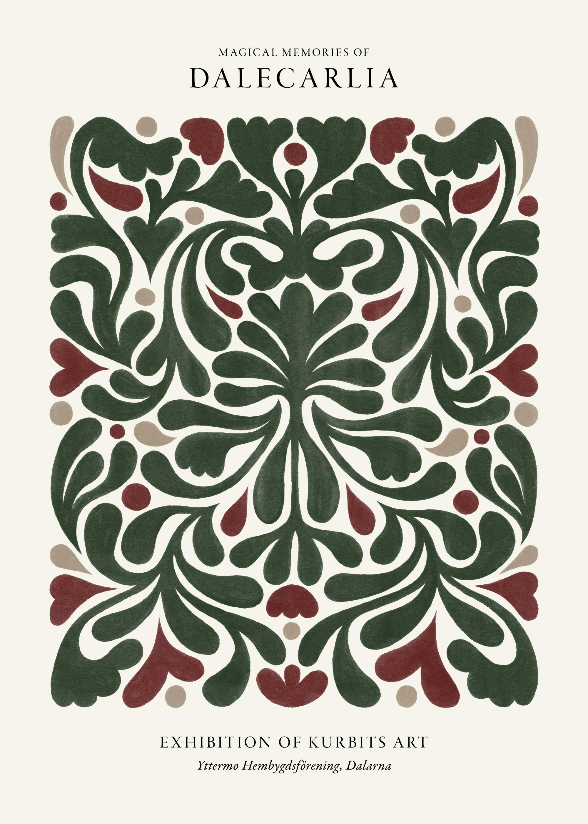 Affiche Dalecarlia avec motif abstrait floral rouge et vert, typographie Memories of Dalecarlia sur fond beige clair, tradition