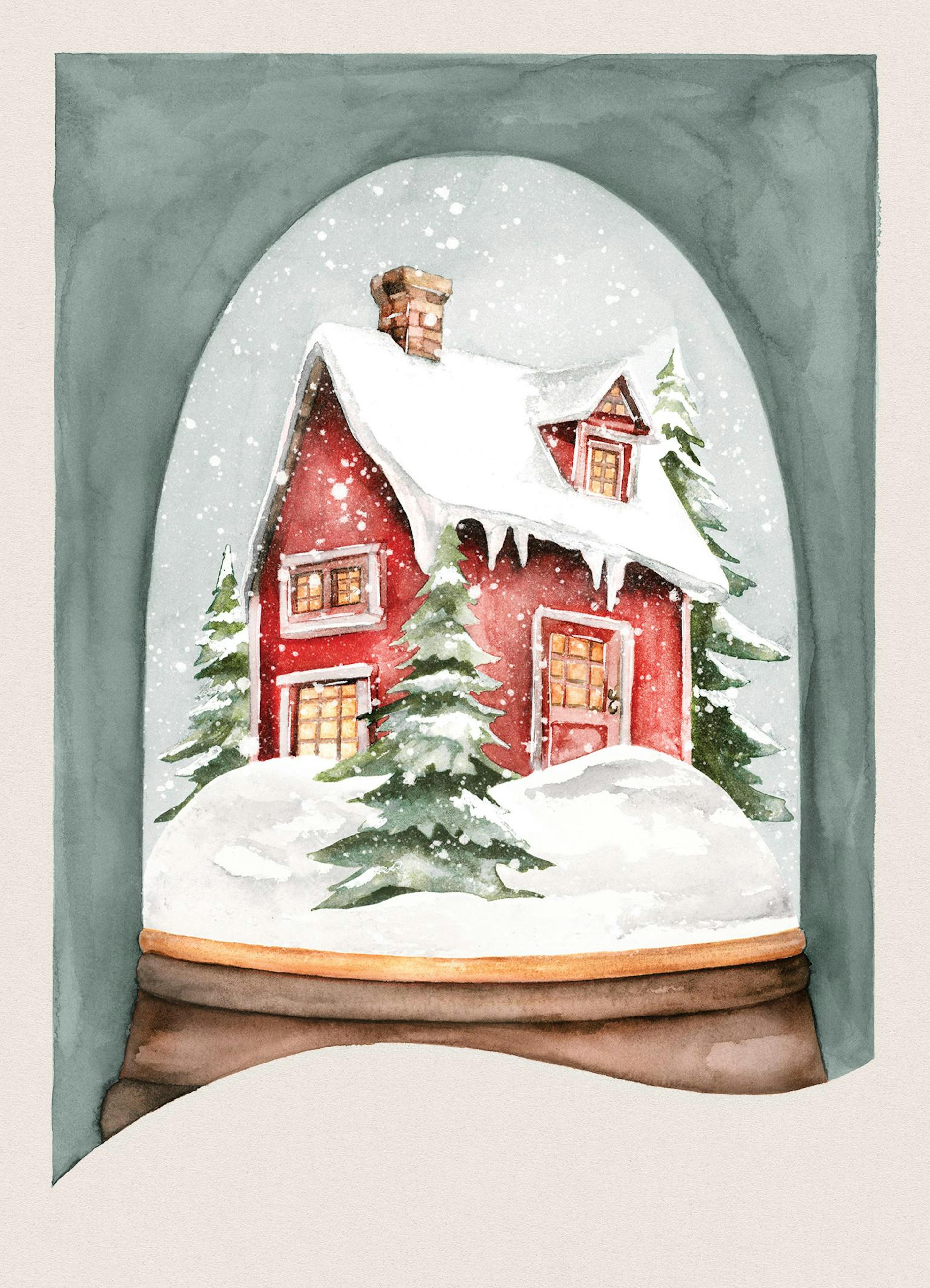 Aquarell-Illustration einer roten Hütte im Schnee mit Tannenbäumen in einer Kristallkugel, Winterdeko Poster.