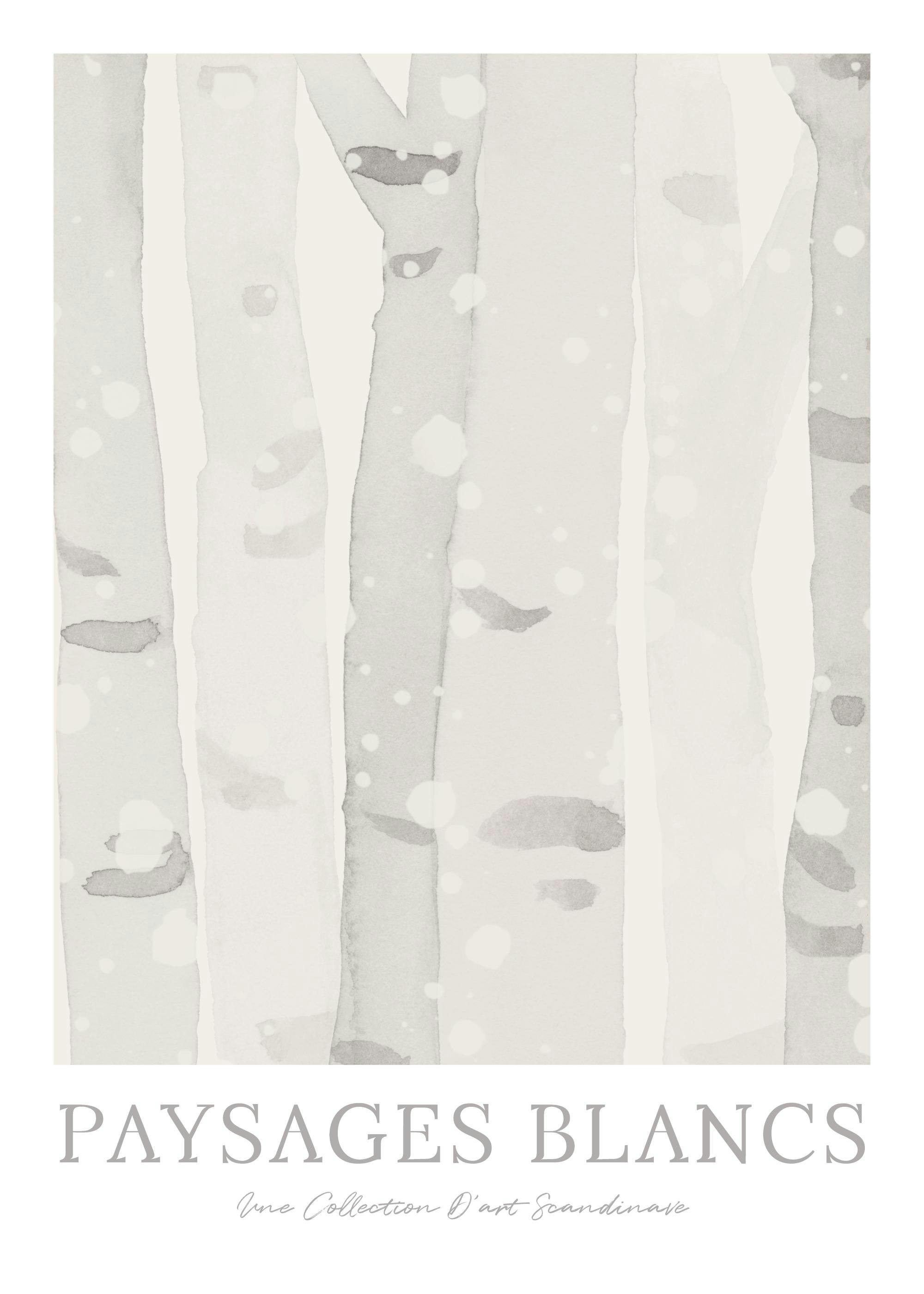 Birch forest illustration with falling snow, featuring white and gray trees with beige text Paisages Blancs below.