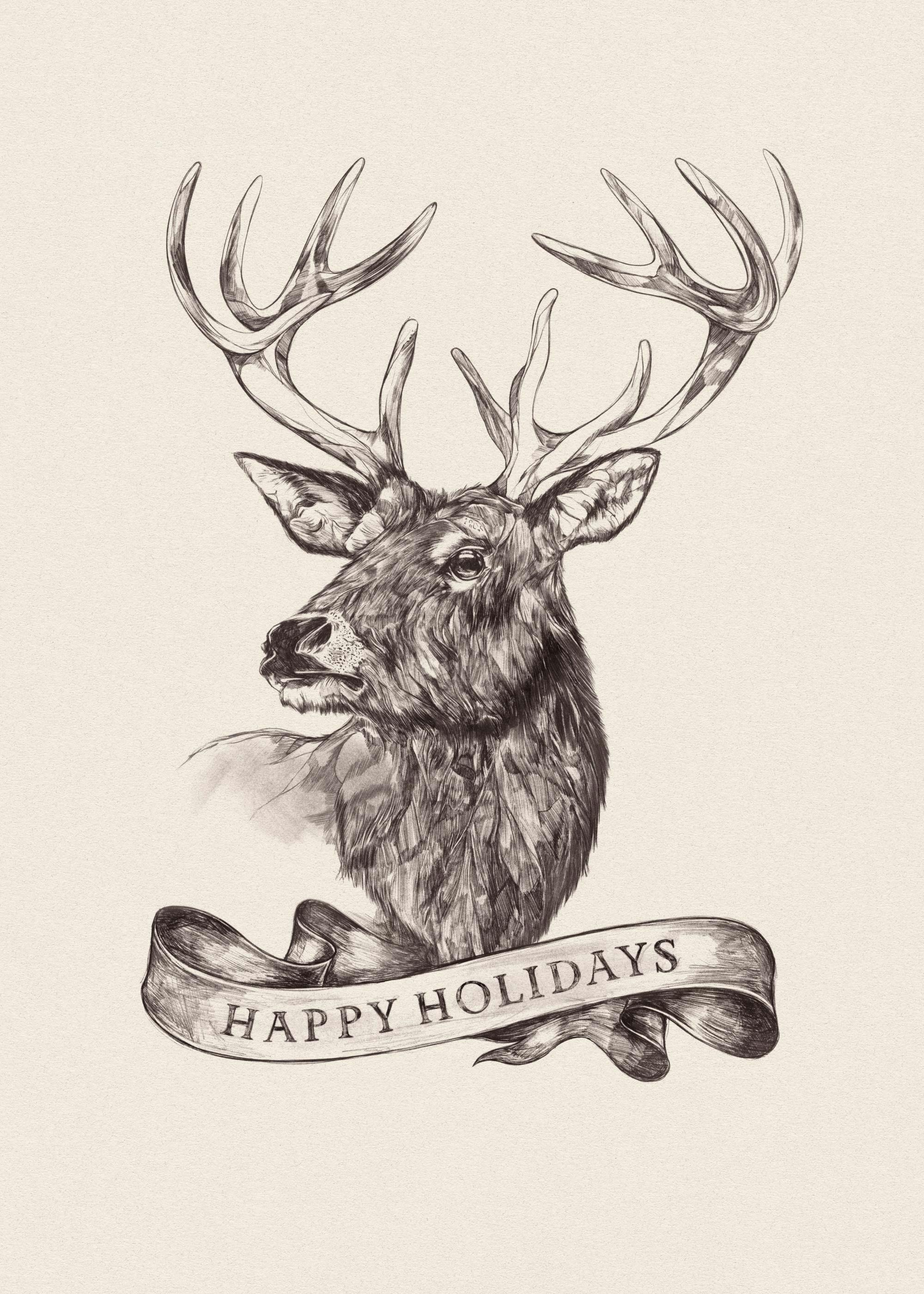 Charcoal sketch of a majestic reindeer on a beige background with a Happy Holidays banner. Seasonal animal art.