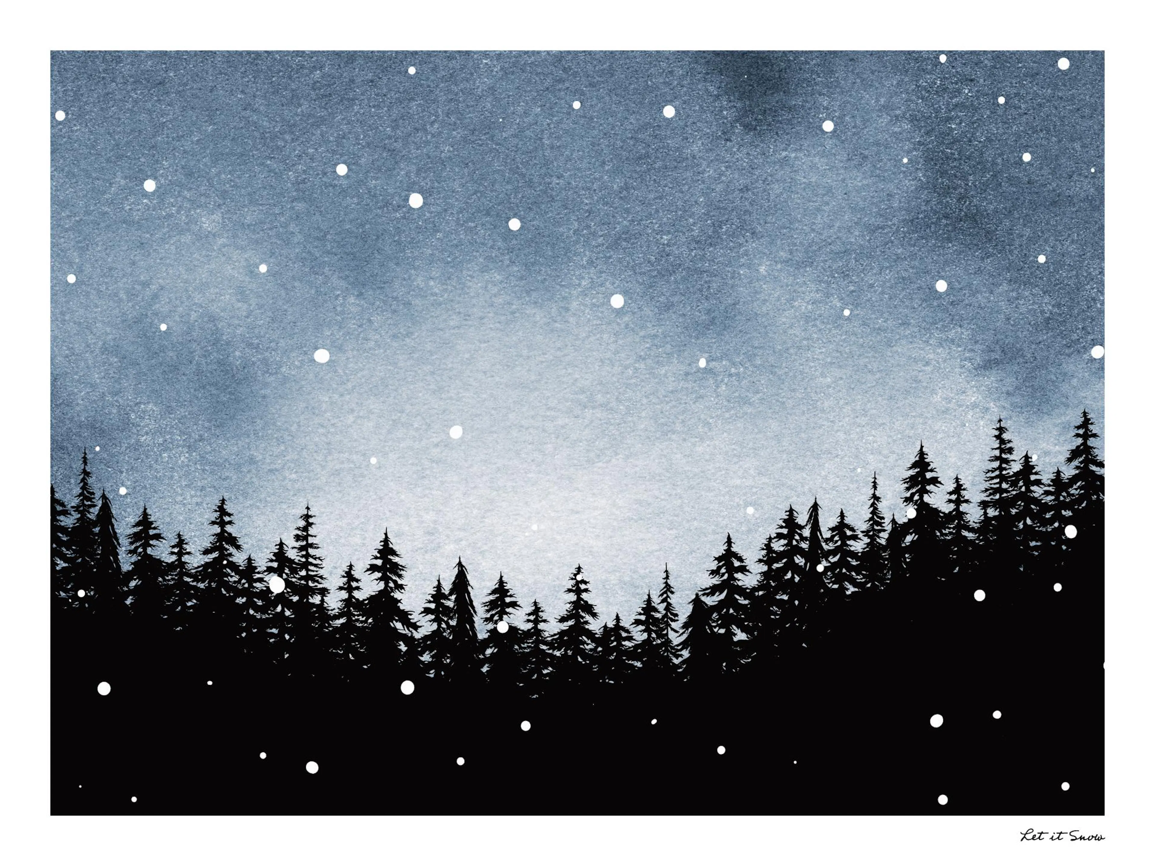Winter night sky with falling snow over dark evergreen trees print