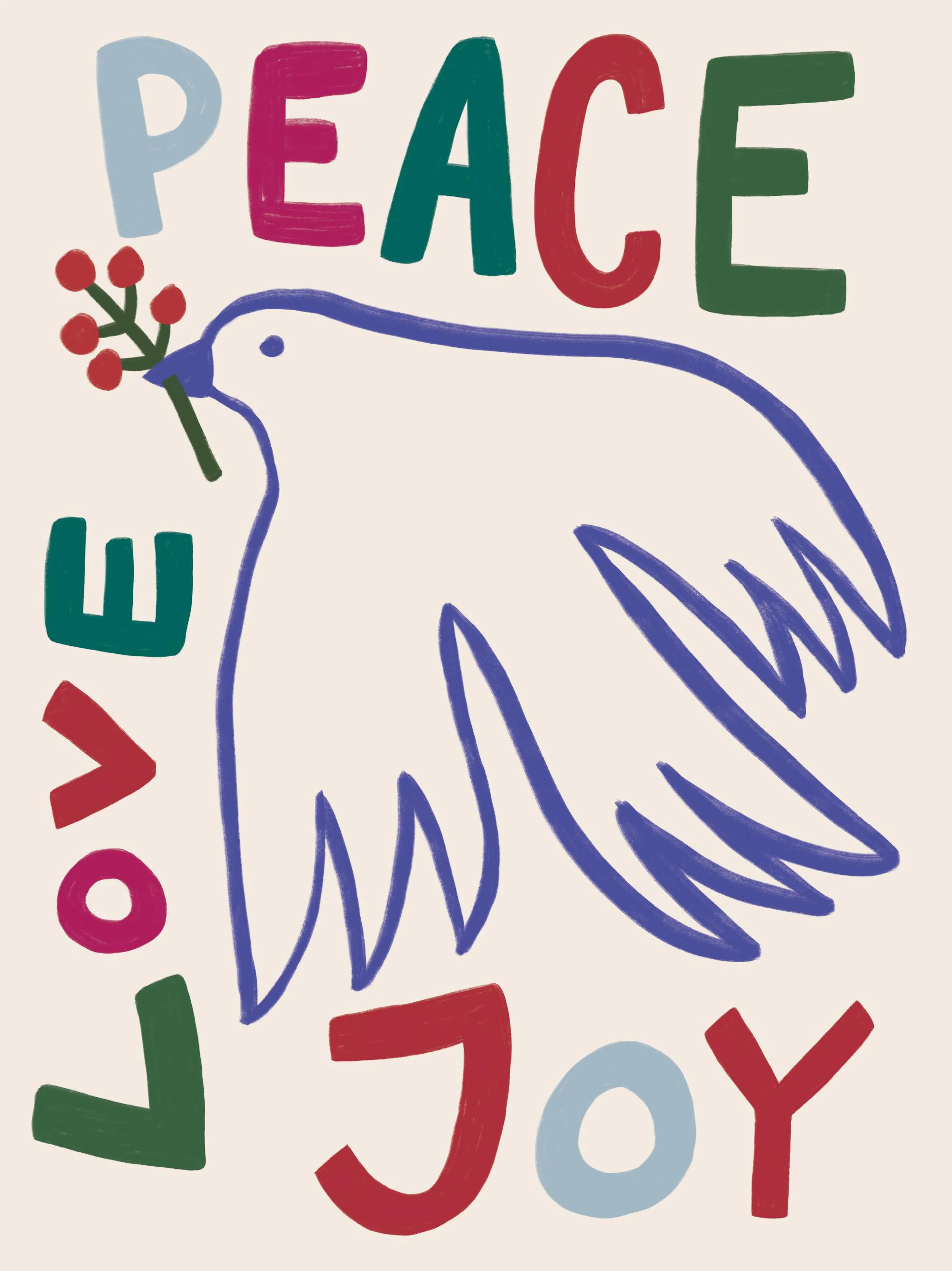 Peace Love Joy print with blue outline dove holding red berries, colorful text.