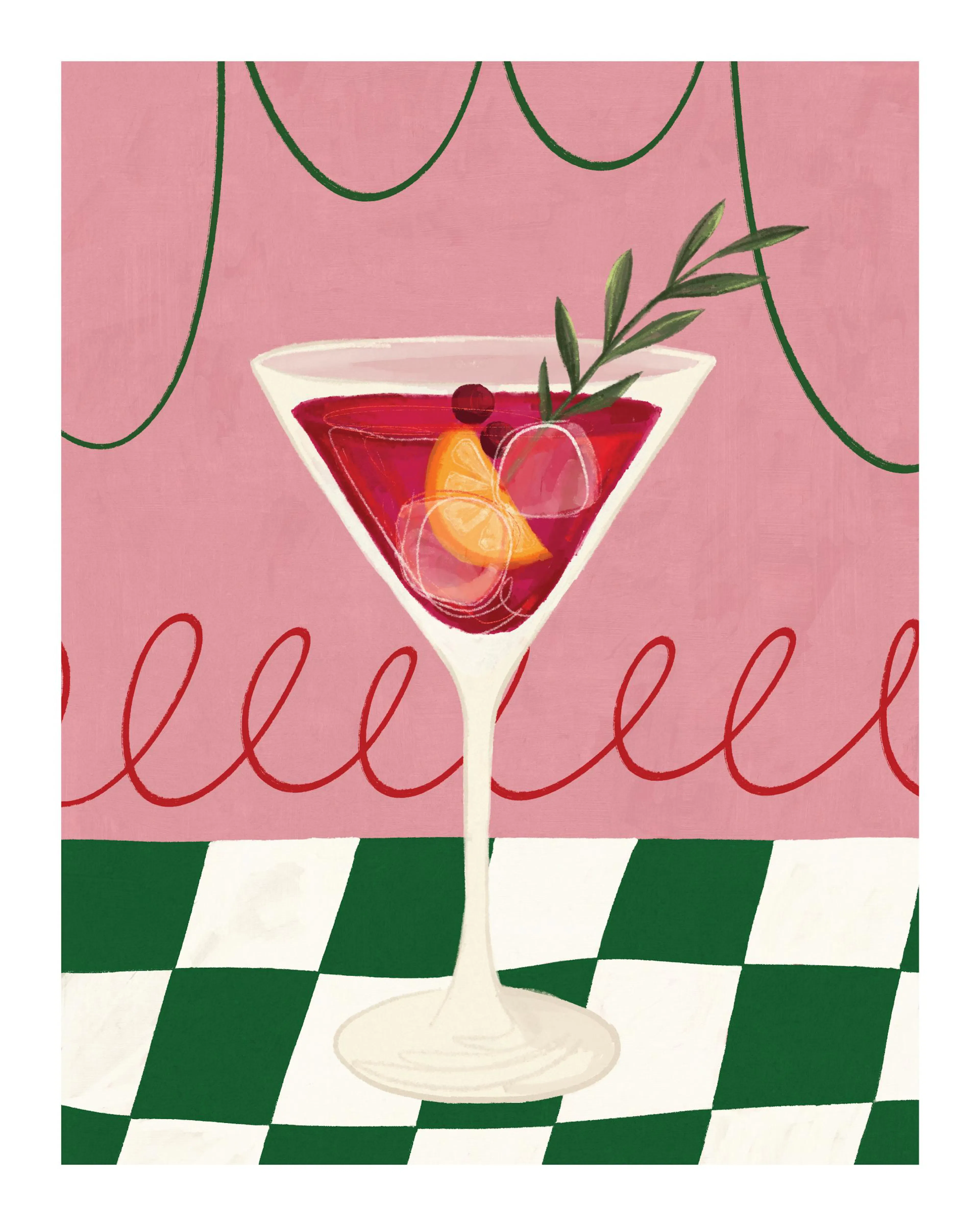 Vibrant holiday drink print with red cocktail, orange slice, berries, and rosemary on a checkered table, perfect poster.