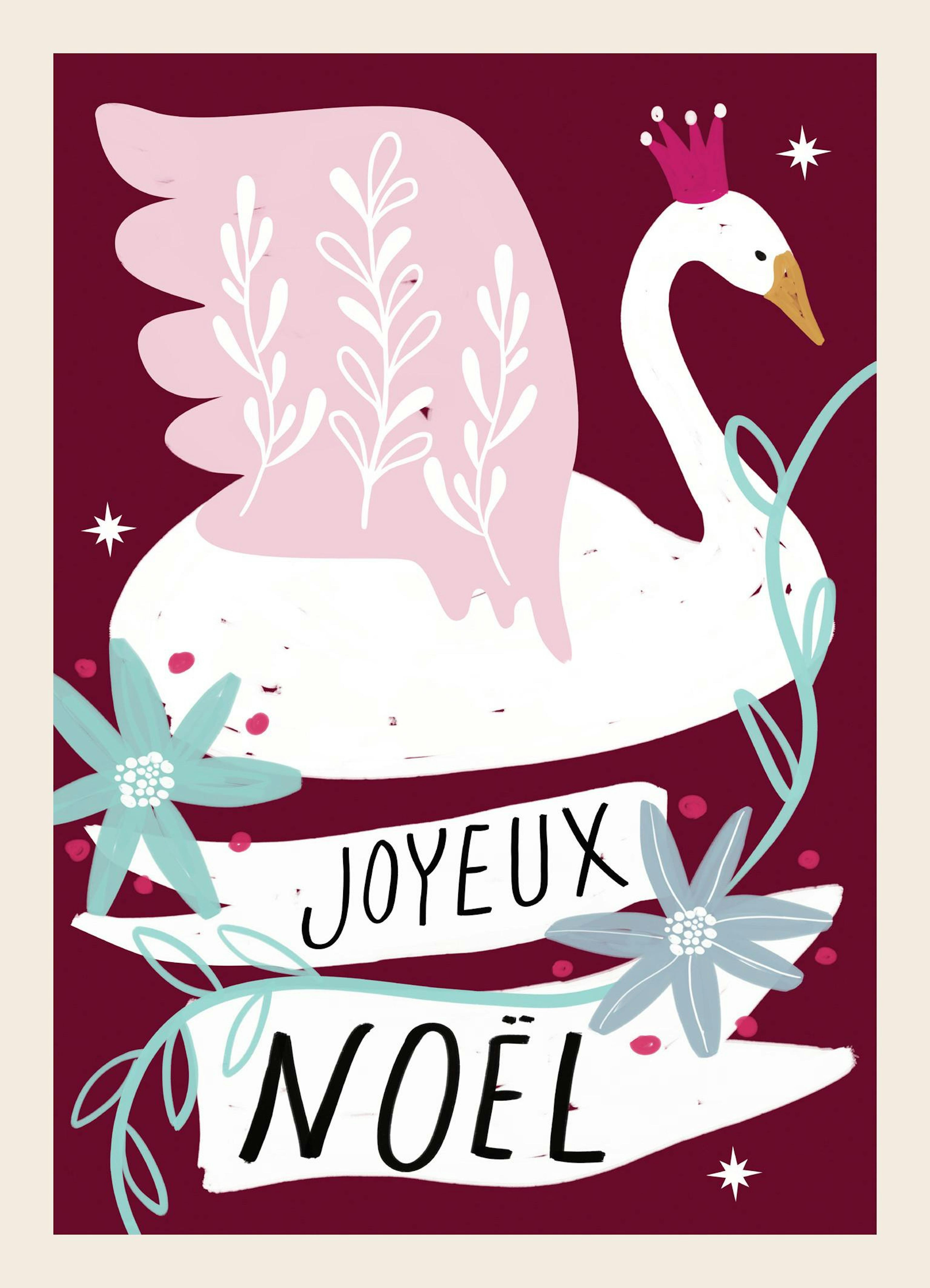 赤背景に王冠をかぶった白鳥を描いた「Joyeux Noël」のポスター。クリスマス、ホリデーシーズンに最適。