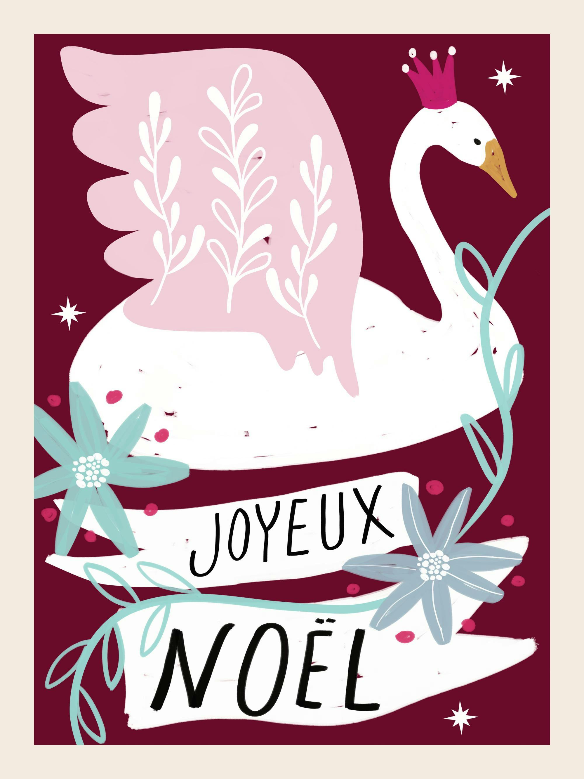 Weihnachtsposter mit einem gekrönten Schwan auf rotem Hintergrund, umgeben von floralen Elementen und dem Text Joyeux Noël.