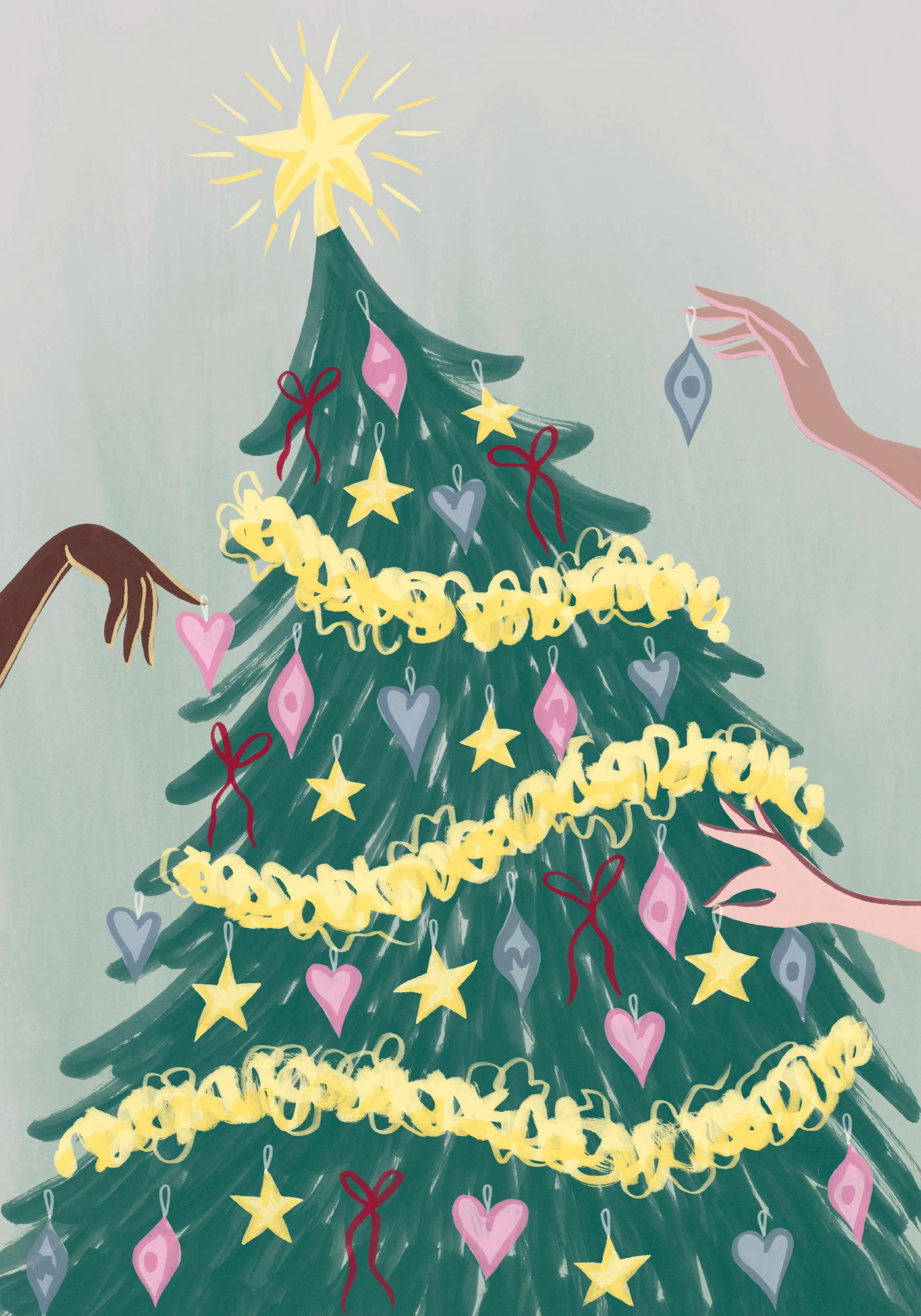 Joyful Christmas tree print with hands decorating it with ornaments and garland, festive holiday poster.