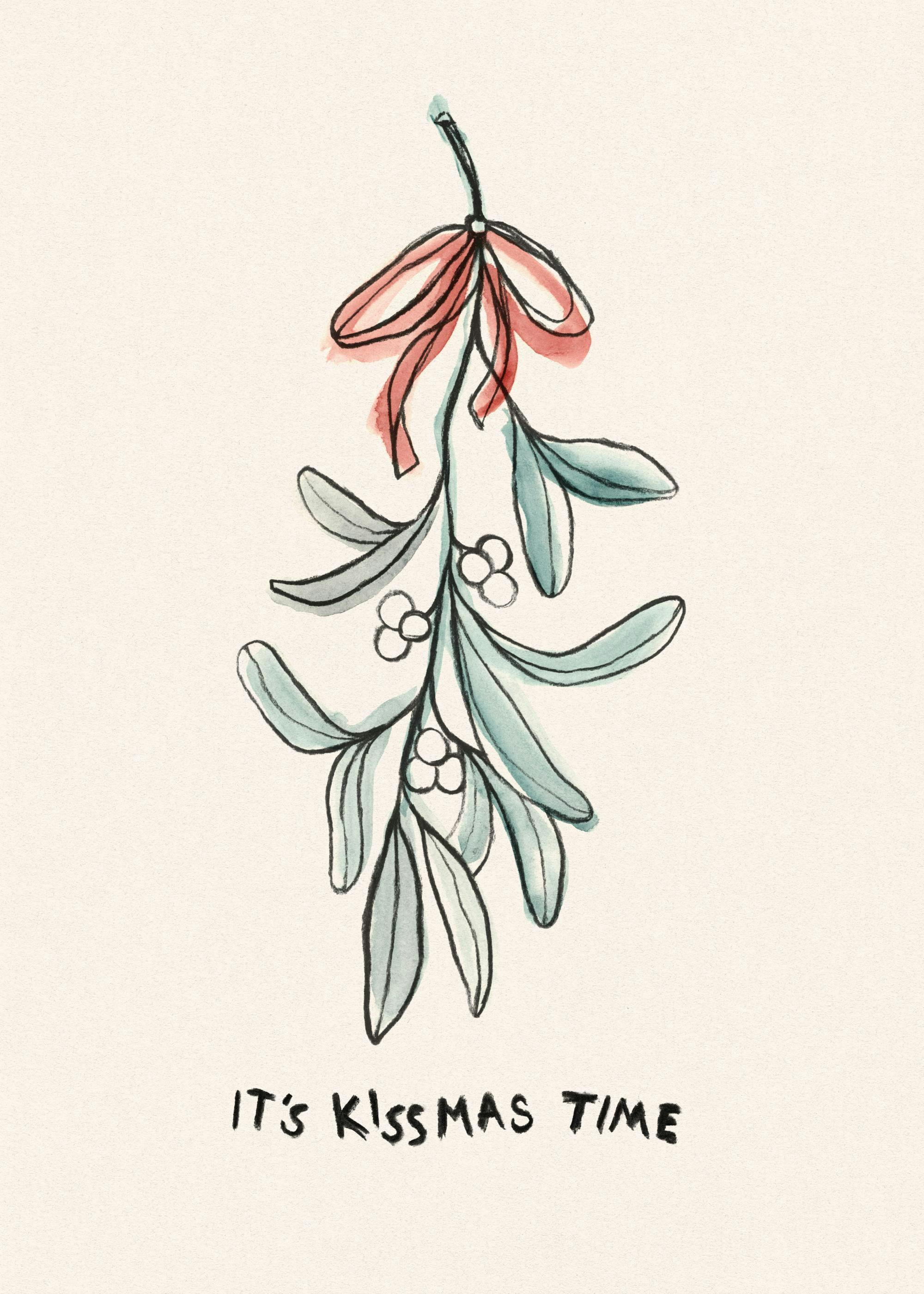Watercolor mistletoe with green leaves, white berries, and a red bow on a beige background, with Its Kissmas Time text.