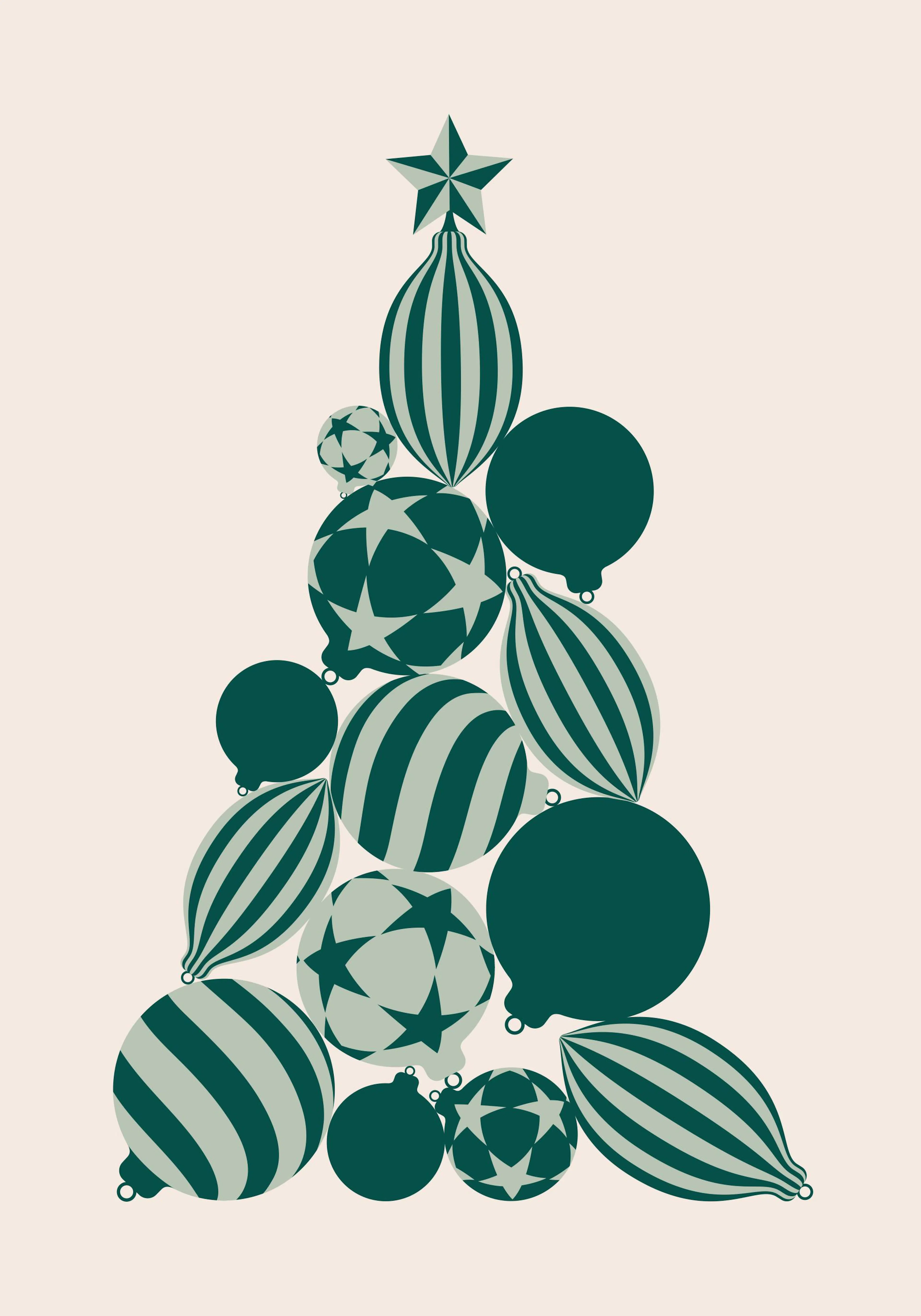 Poster albero di Natale grafico con palline verdi e texture diverse su sfondo beige chiaro.