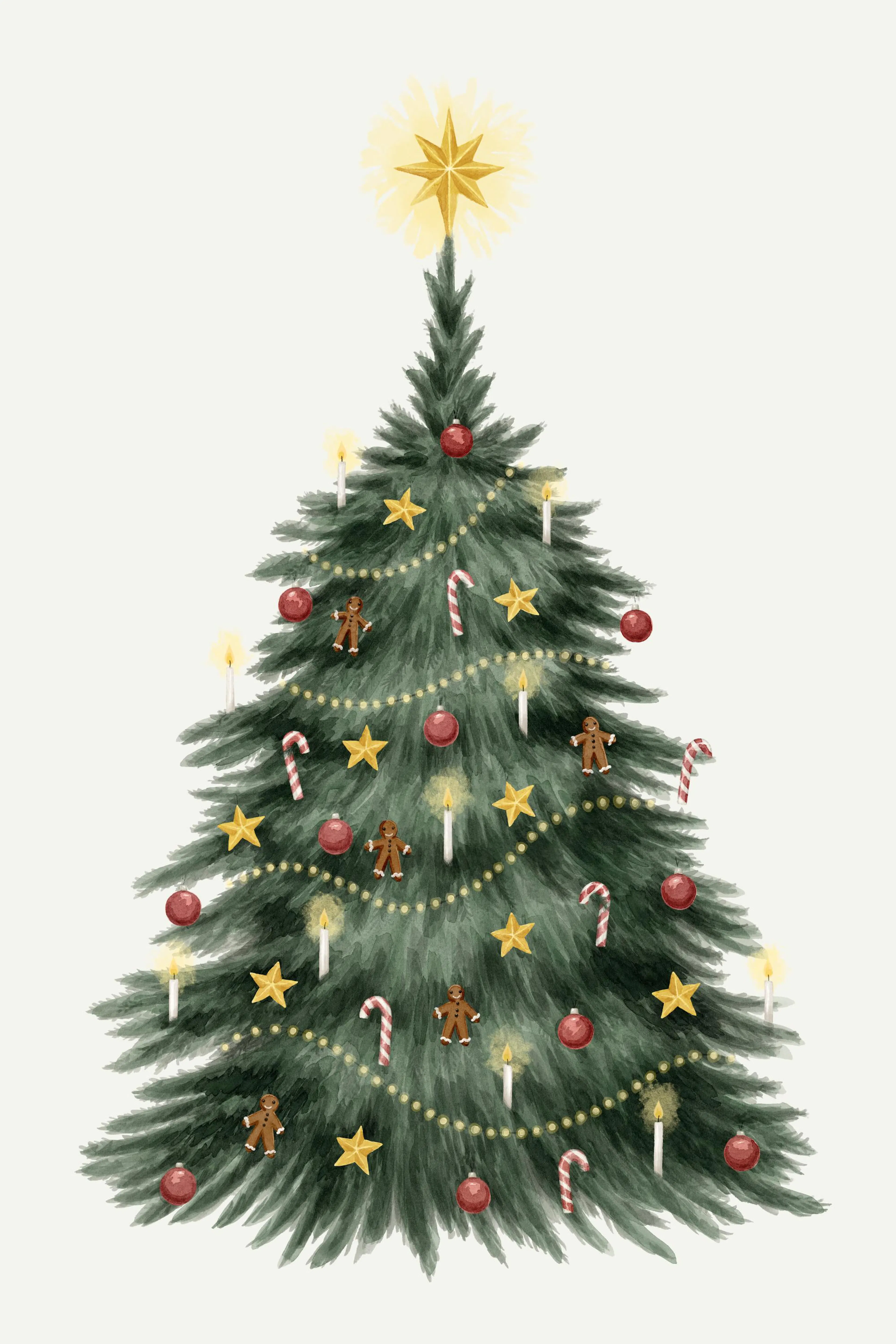 Vattenfärgad julgran med gyllene stjärna, röda julkulor, polkagrisar, pepparkaksgubbar och ljus, skapar en julig vinterstämning.
