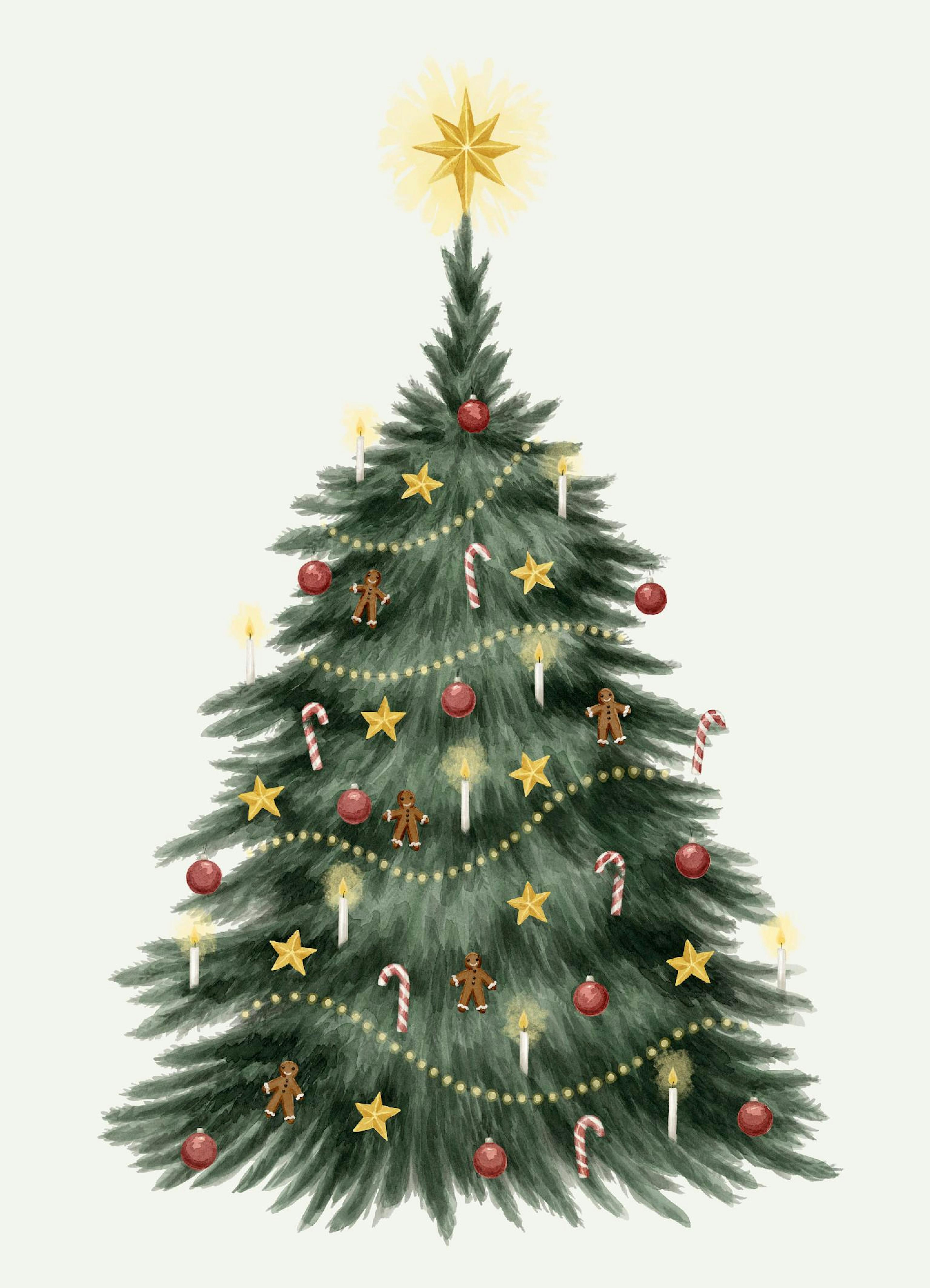 Árvore de Natal decorada com estrela dourada, bolas vermelhas, bengalas doces, biscoitos de gengibre e luzes festivas.