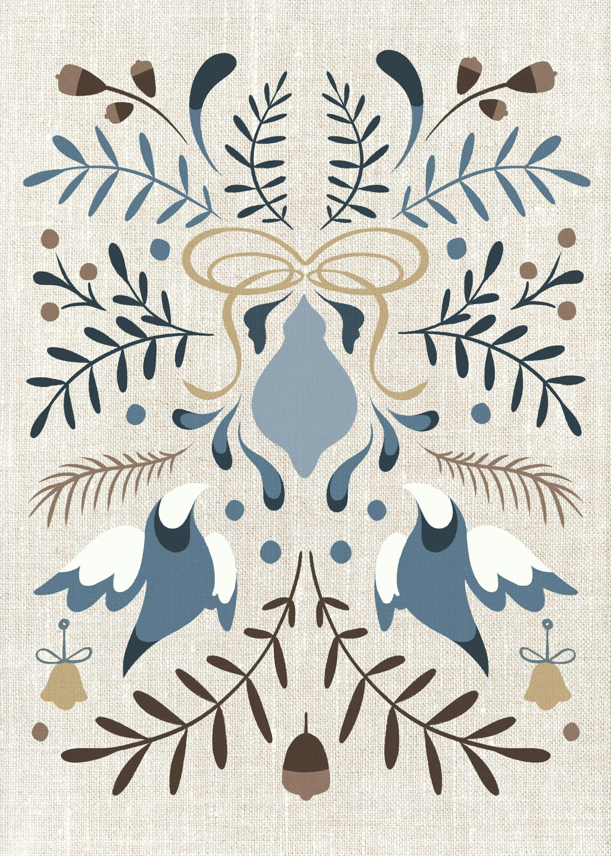 Festlig folkekunst plakat med mønster af blå og brune blade, fugle og julepynt på beige baggrund.