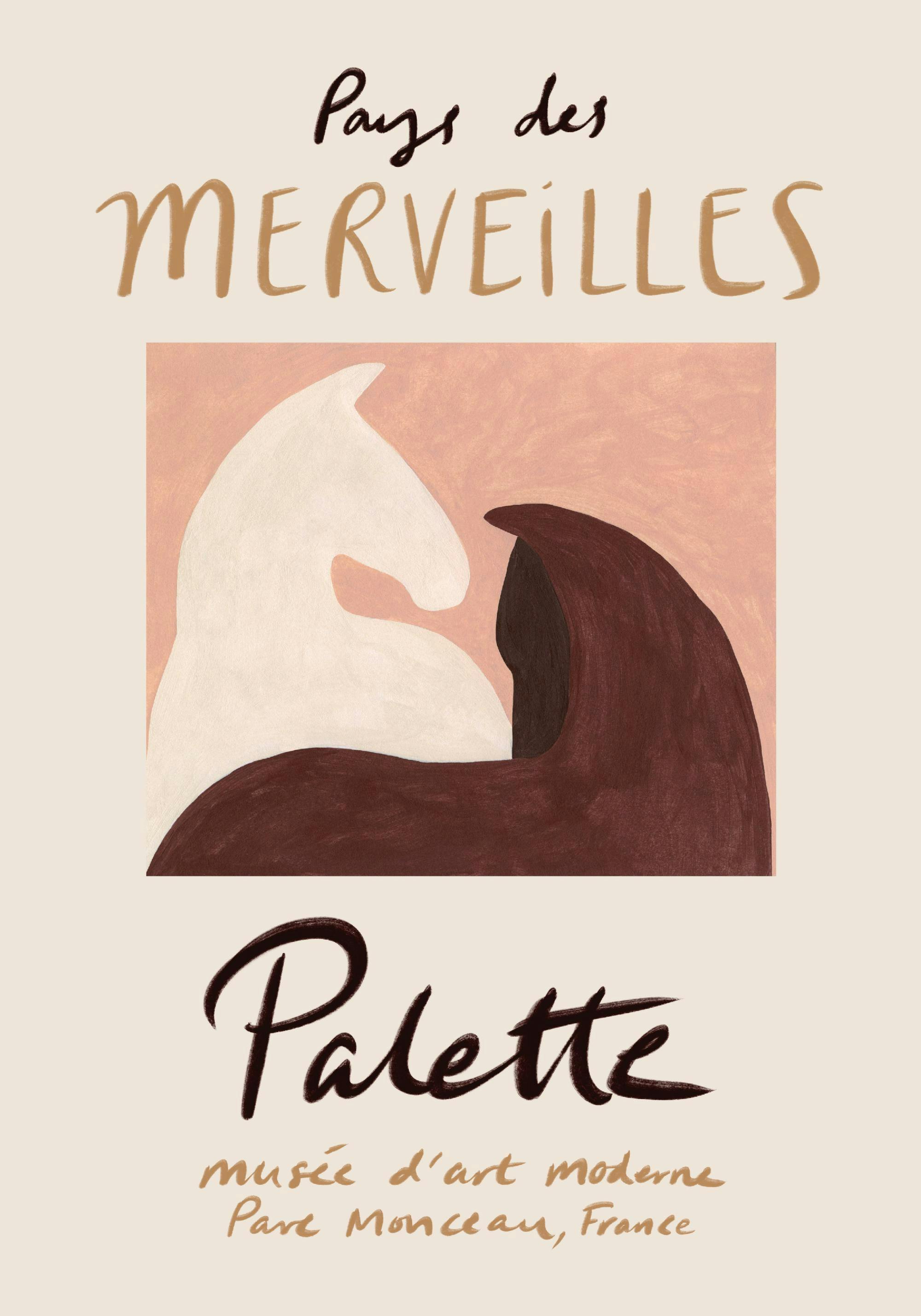 French gallery poster featuring white and brown horses on a dusty pink background, with Pays des Merveilles and Palette text.