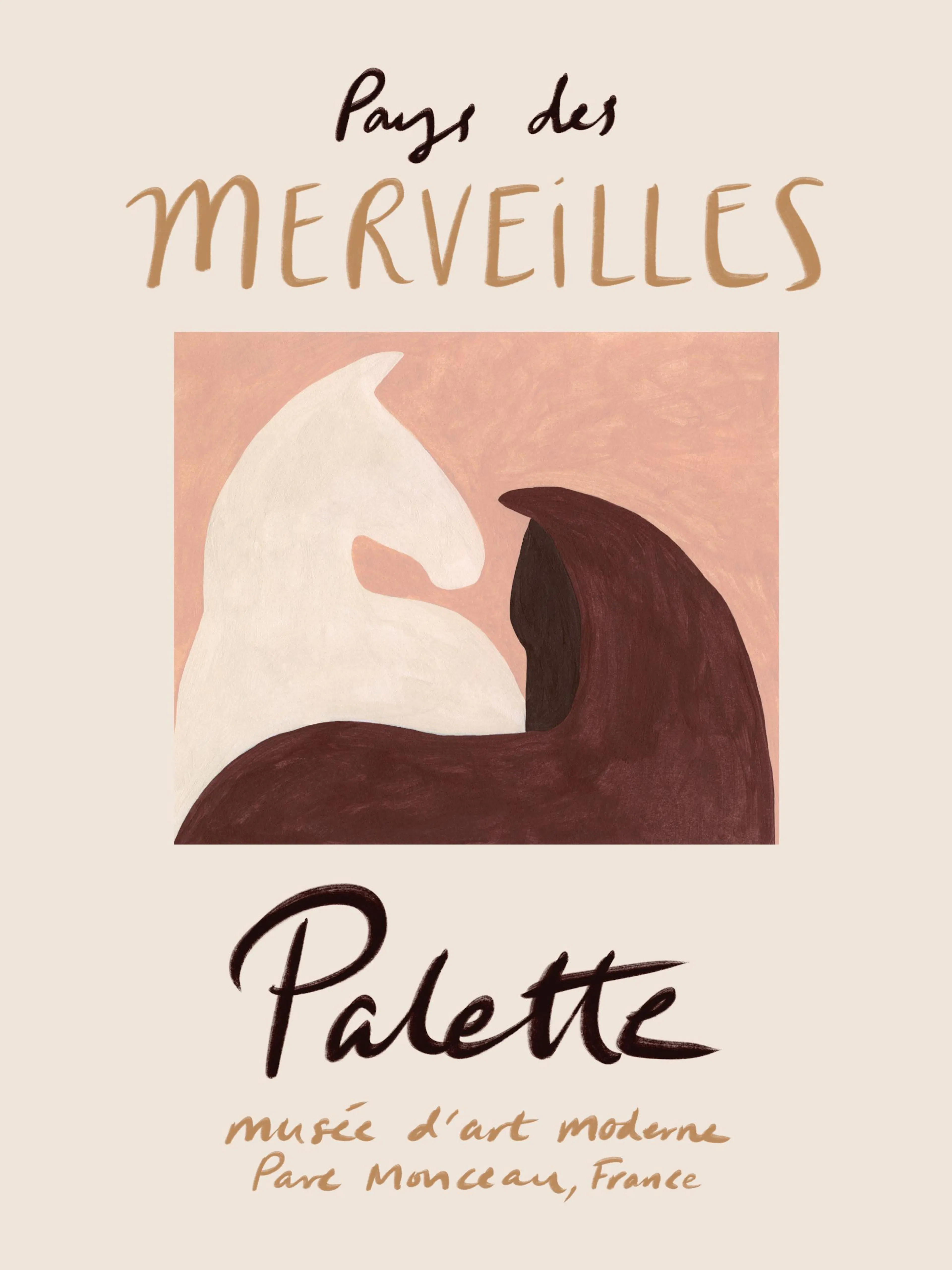 French art gallery print with white and brown horses on dusty pink. Text Pays des Merveilles and Palette poster.