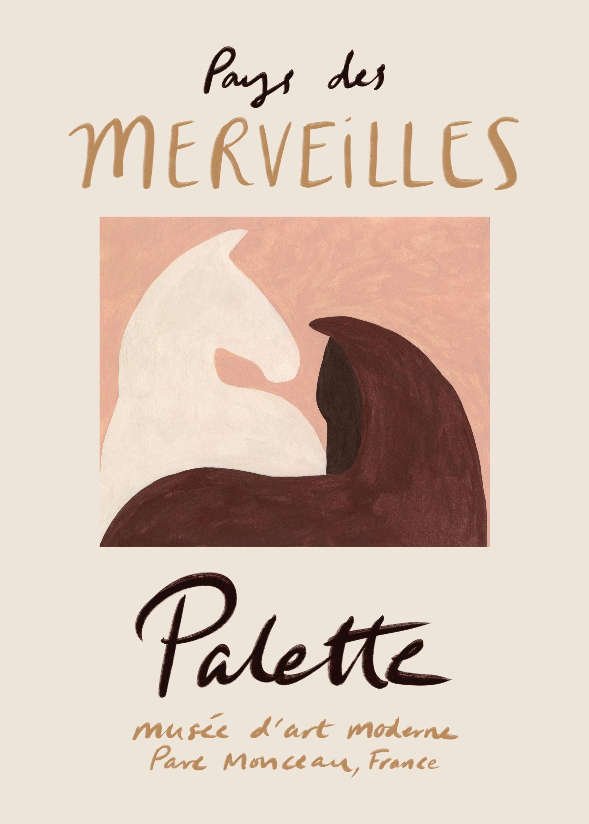 Plakat z białym i brązowym koniem na pudrowo-różowym tle, z napisem Pays des Merveilles i Palette.