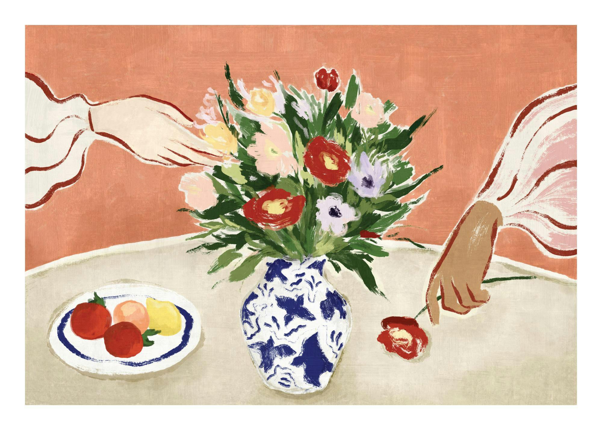 Affiche dun bouquet de fleurs colorées dans un vase bleu et blanc, avec deux mains entourant les fleurs.