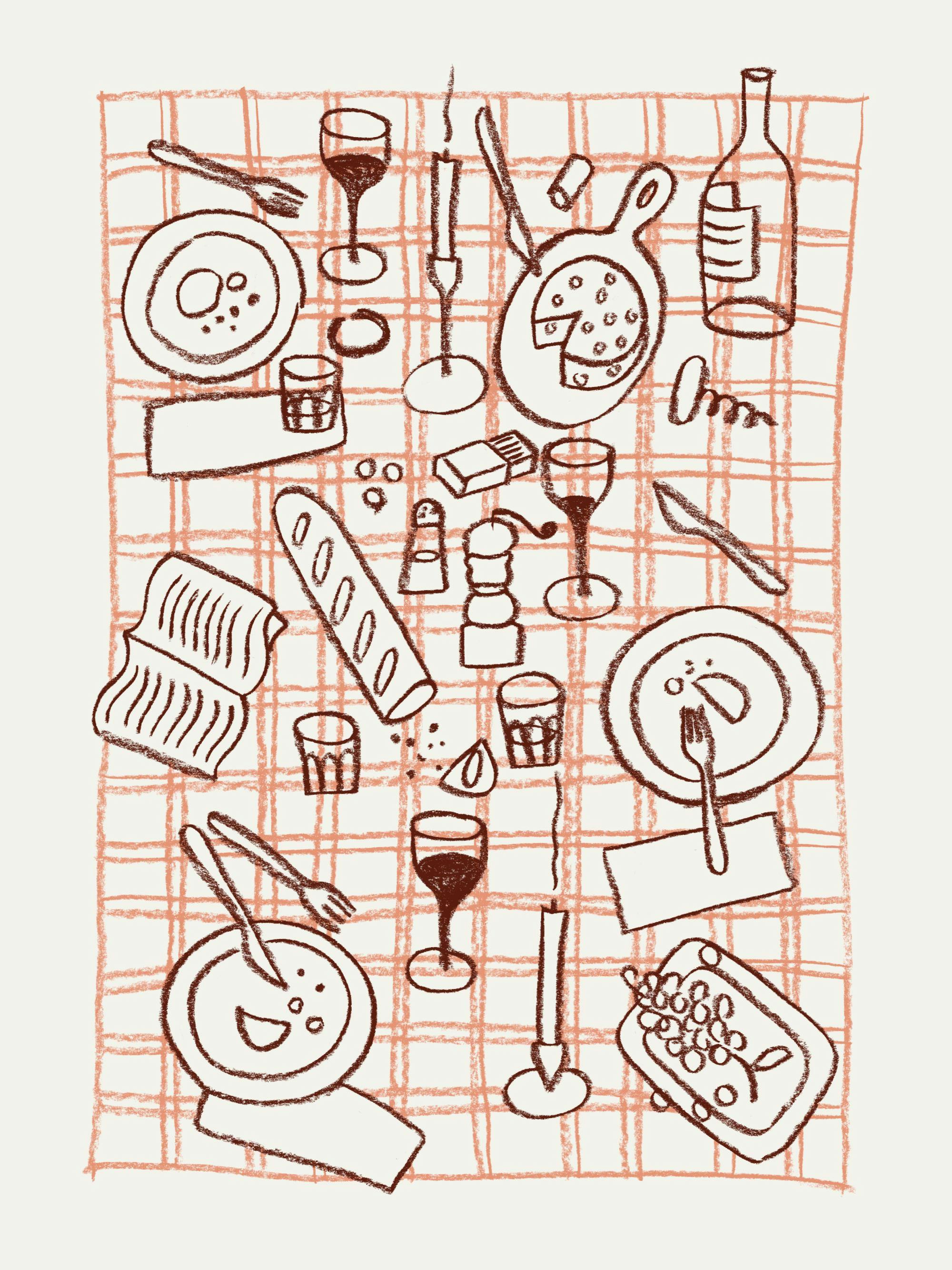 Sketched dining scene on a checkered tablecloth with wine, bread, and cheese, perfect for kitchen or dining decor.