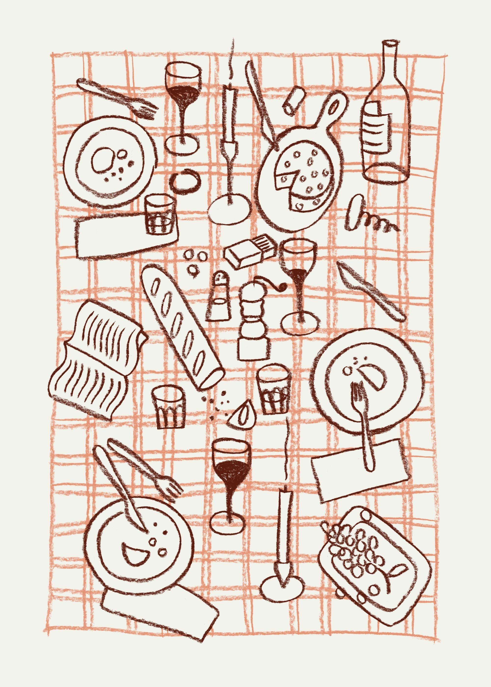 A print of red outline illustrations of food and drink on a gridded white background, hanging in a kitchen above a wooden counte