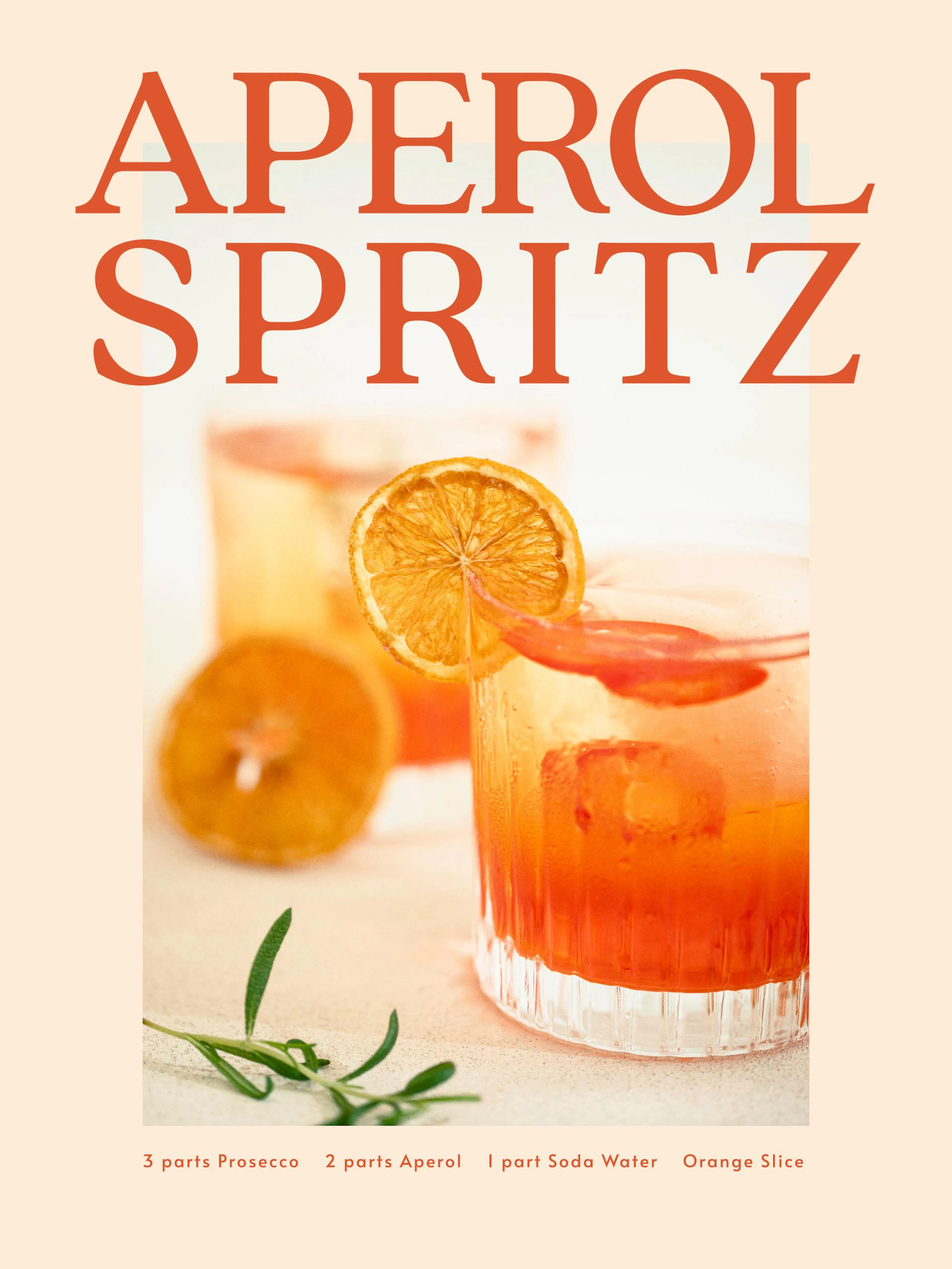 Aperol Spritz poster, two orange cocktails with garnishes, and recipe text.