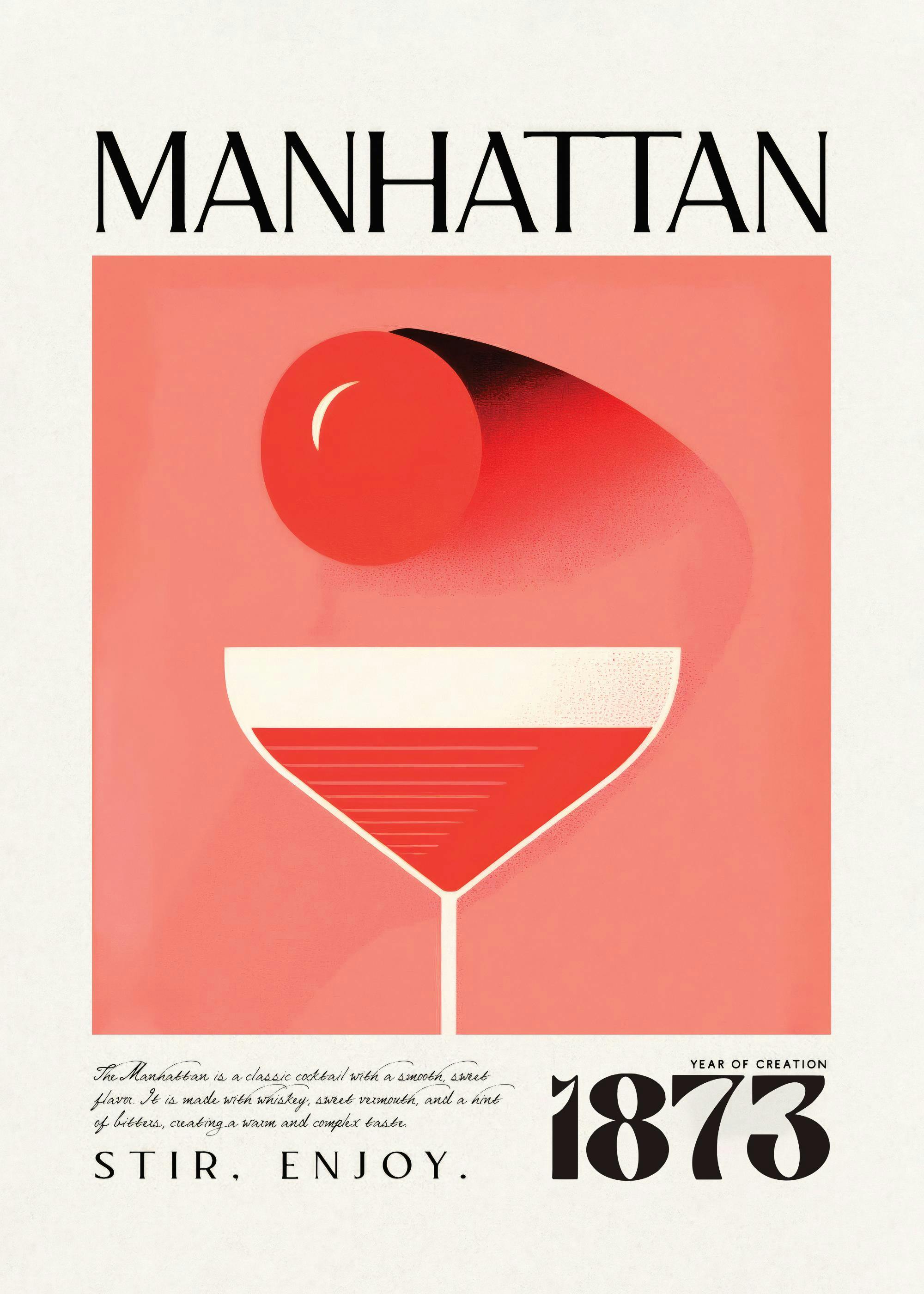Retro Manhattan cocktail print with a red and white illustration featuring a martini glass and a cherry.