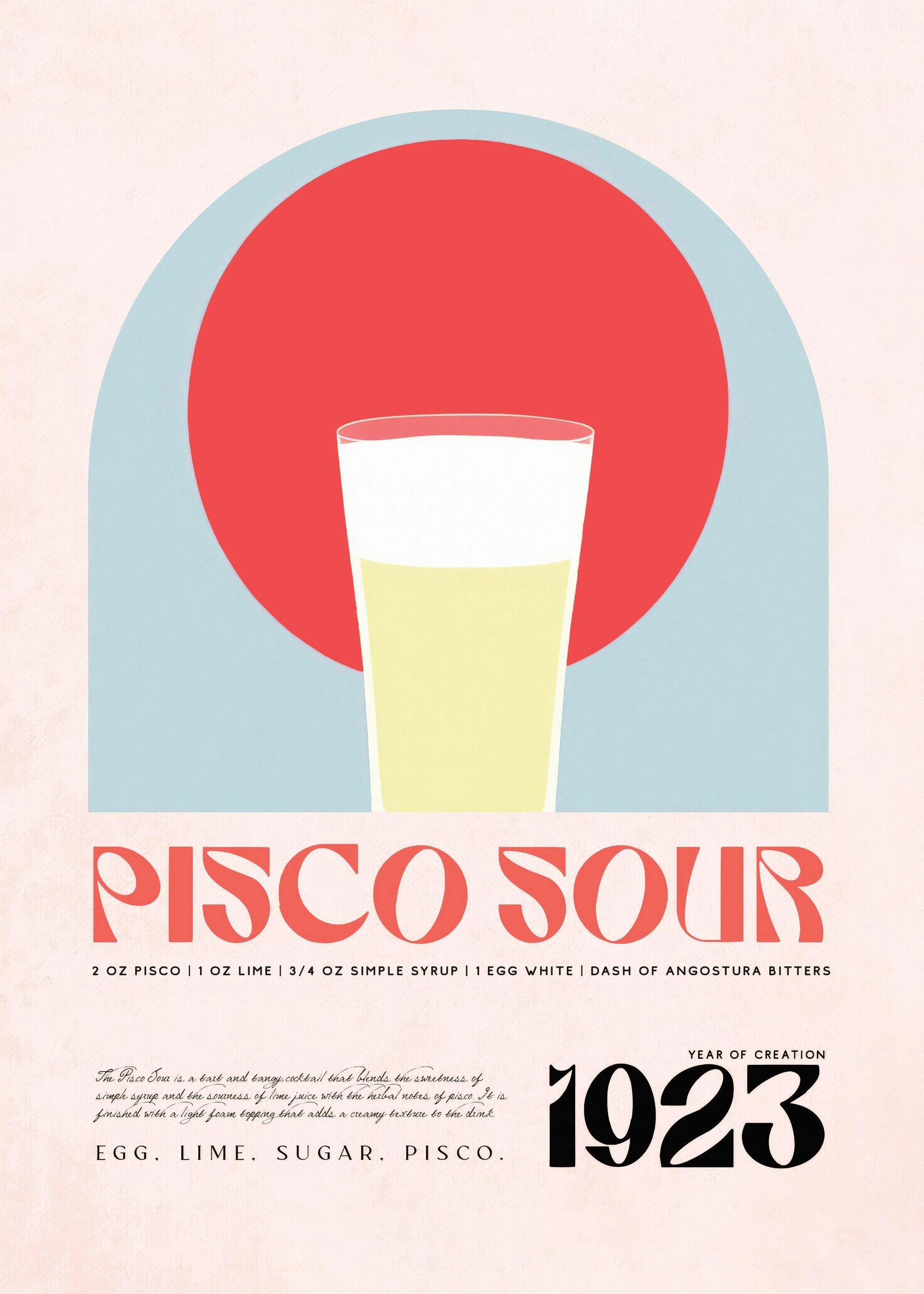 Pisco Sour plakat med gul cocktail, rød cirkel og blå bue, samt opskrift på drinken.