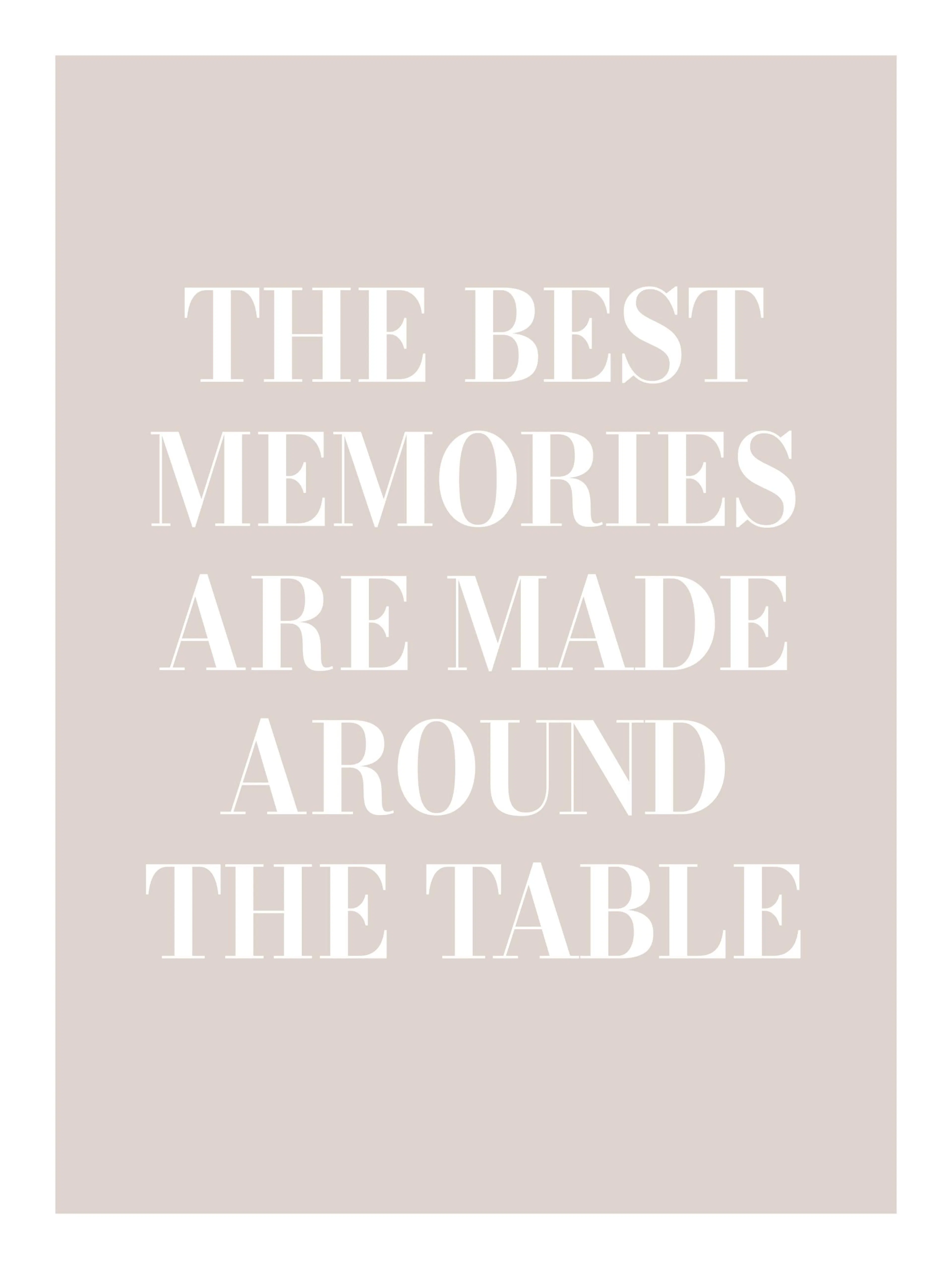 Text print in white on a beige background: The best memories are made around the table. Home decor poster.