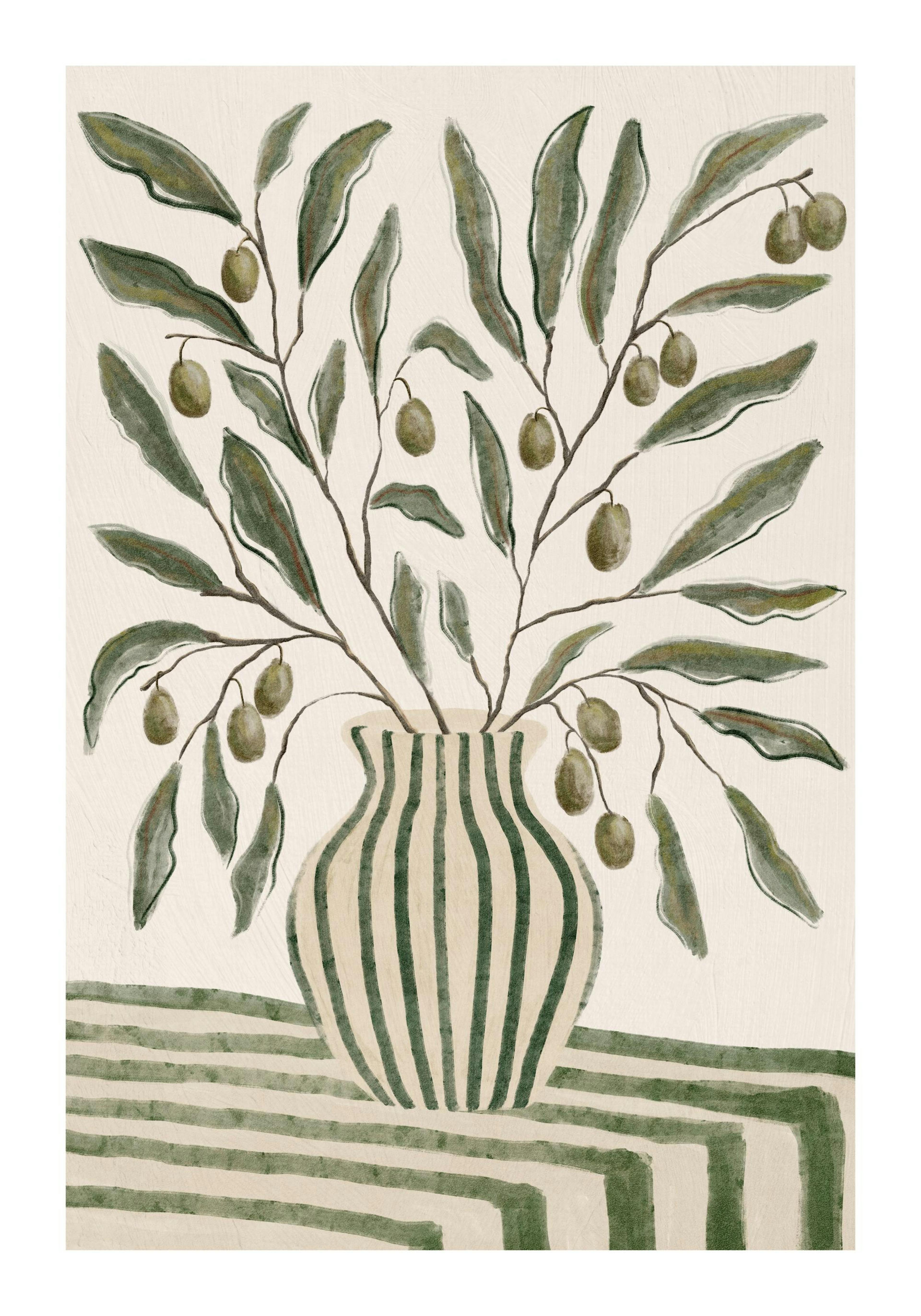 Poster botanico: rami dulivo con foglie verdi e olive mature in un vaso a strisce su sfondo chiaro.