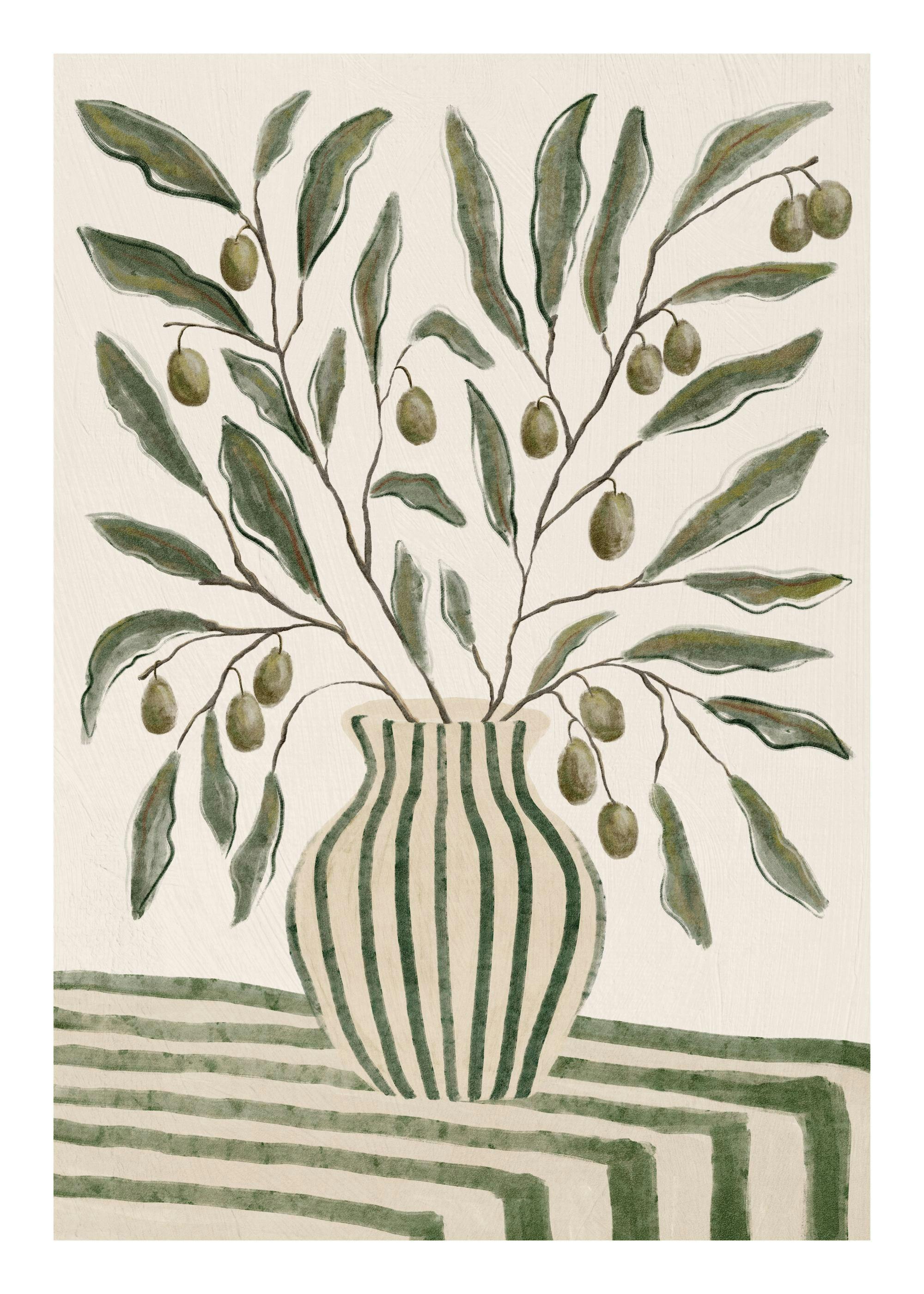 Botaniczny plakat: gałązki oliwne z oliwkami w pasiastym wazonie. Zielono-beżowa grafika ścienna w stylu akwareli.