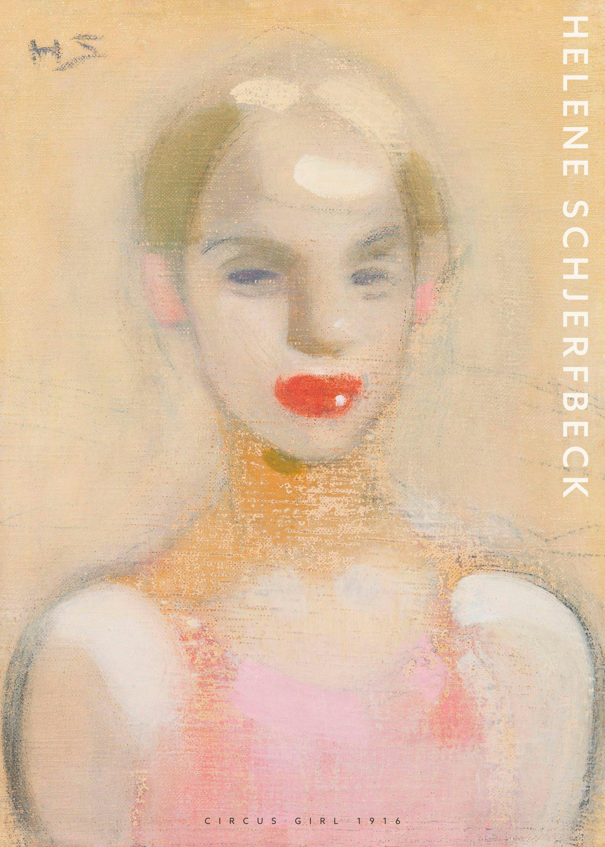 Helene Schjerfbecks Circus Girl print, featuring a woman with red lips and a soft pink top, in a classic portrait style.