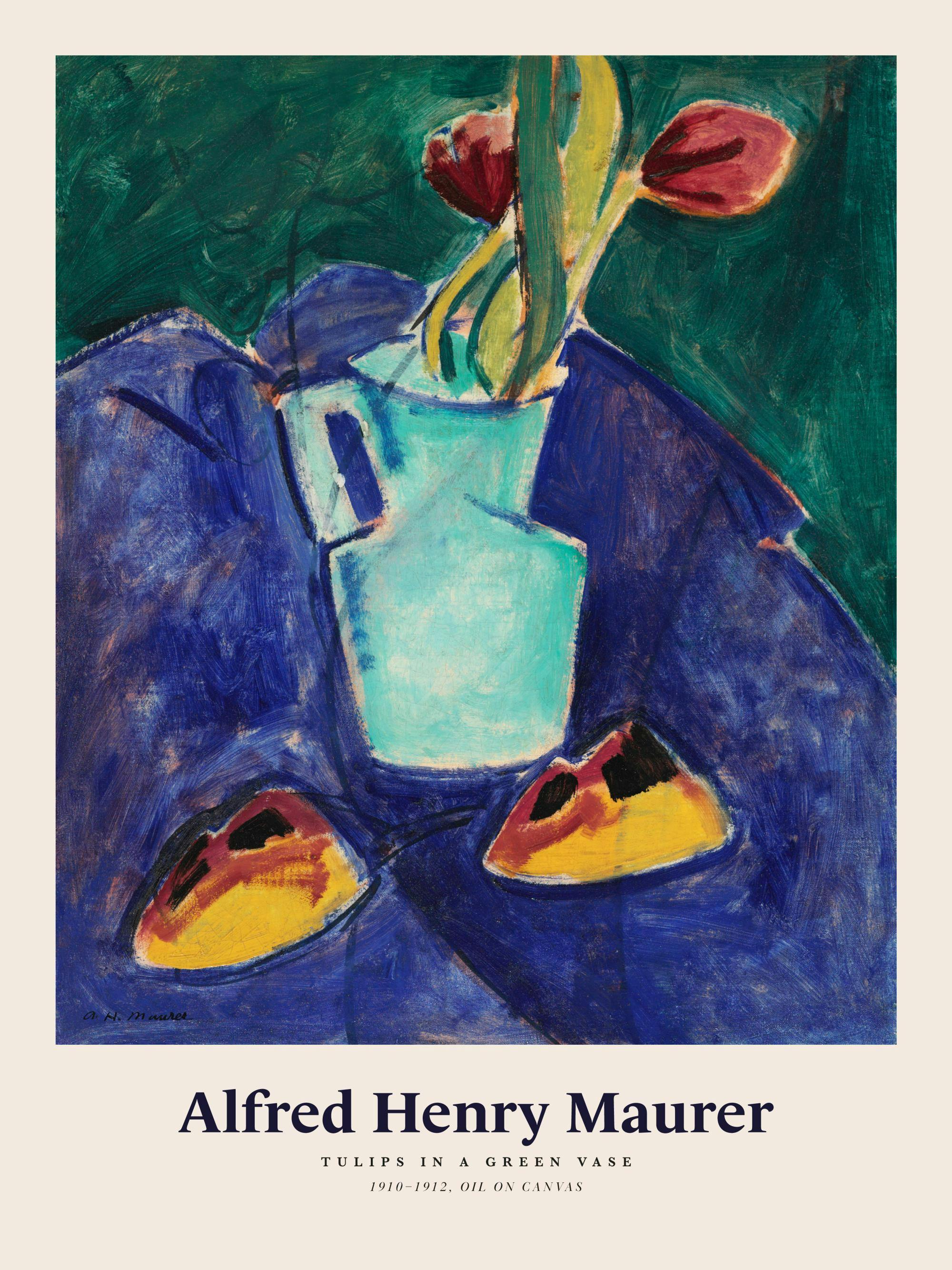Alfred Henry Maurer Poster: Rote Tulpen in türkiser Vase auf blauem Tisch, expressionistische Blumenkunst.