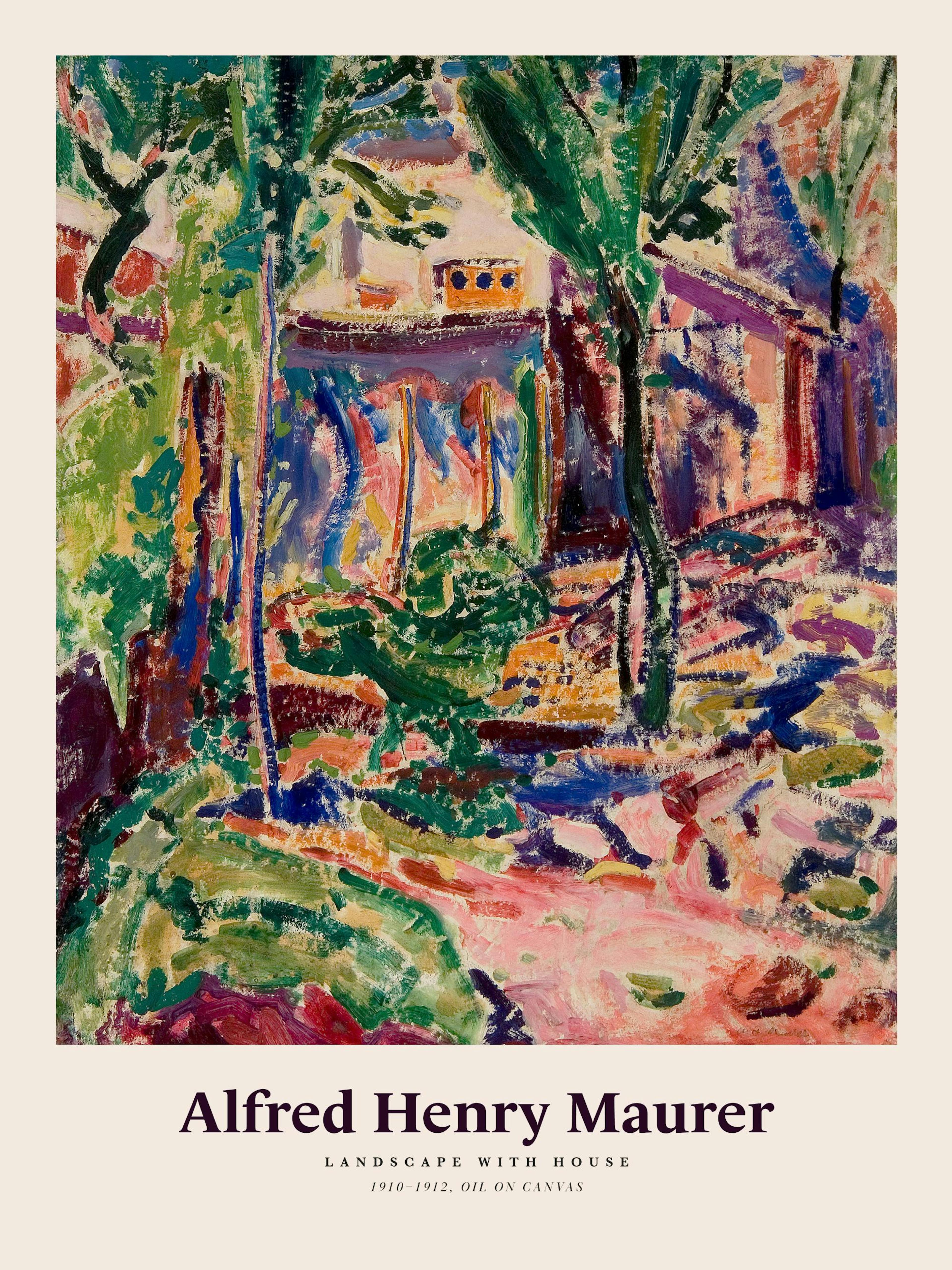 Alfred Henry Maurer abstrakt landskap med hus, trær og fargerike penselstrøk. Fargerikt kunstverk i ekspresjonistisk stil.