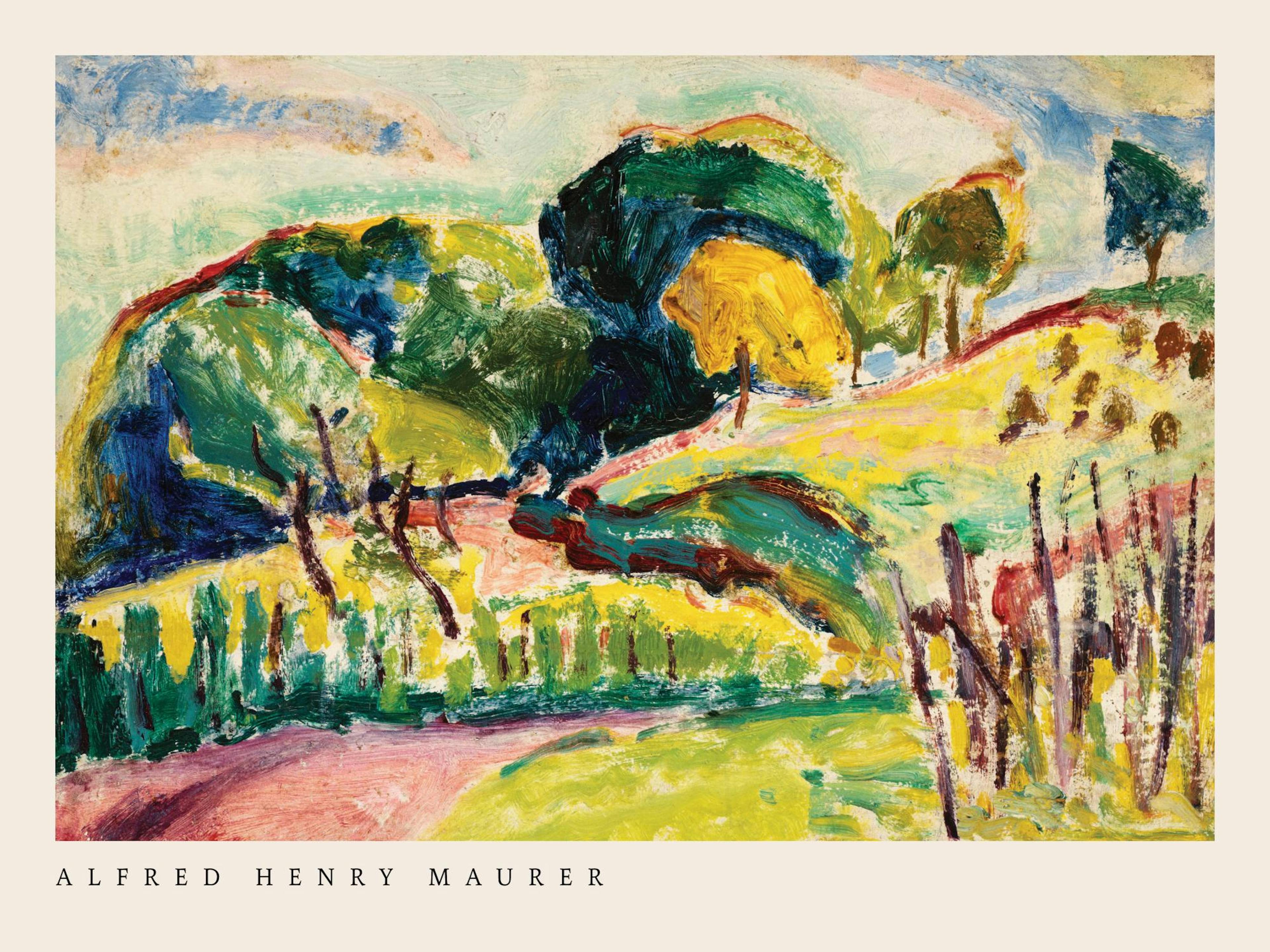 Alfred Henry Maurer Hills plakat: Ekspresjonistisk landskapskunst med gule, grønne, rosa og blå åser og trær.