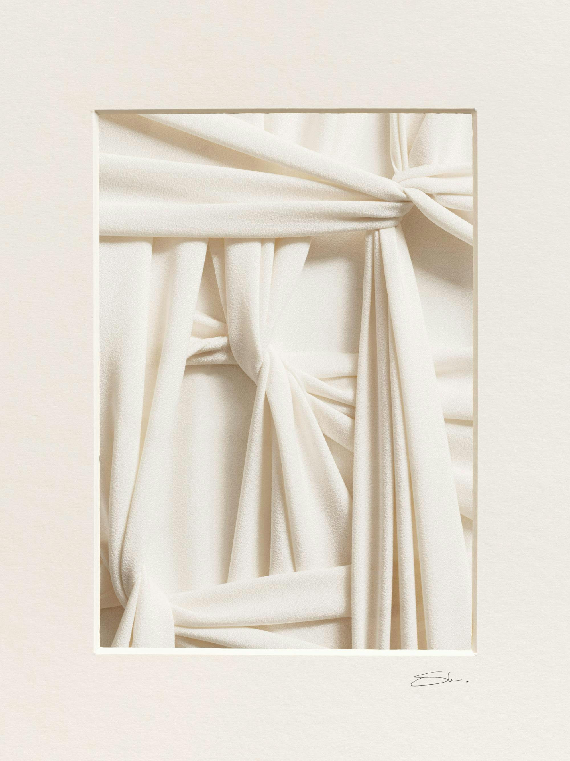 Tactile Fabric No1 print, a white fabric poster with knotted textile and a 3D illusion effect, perfect for wall decor.