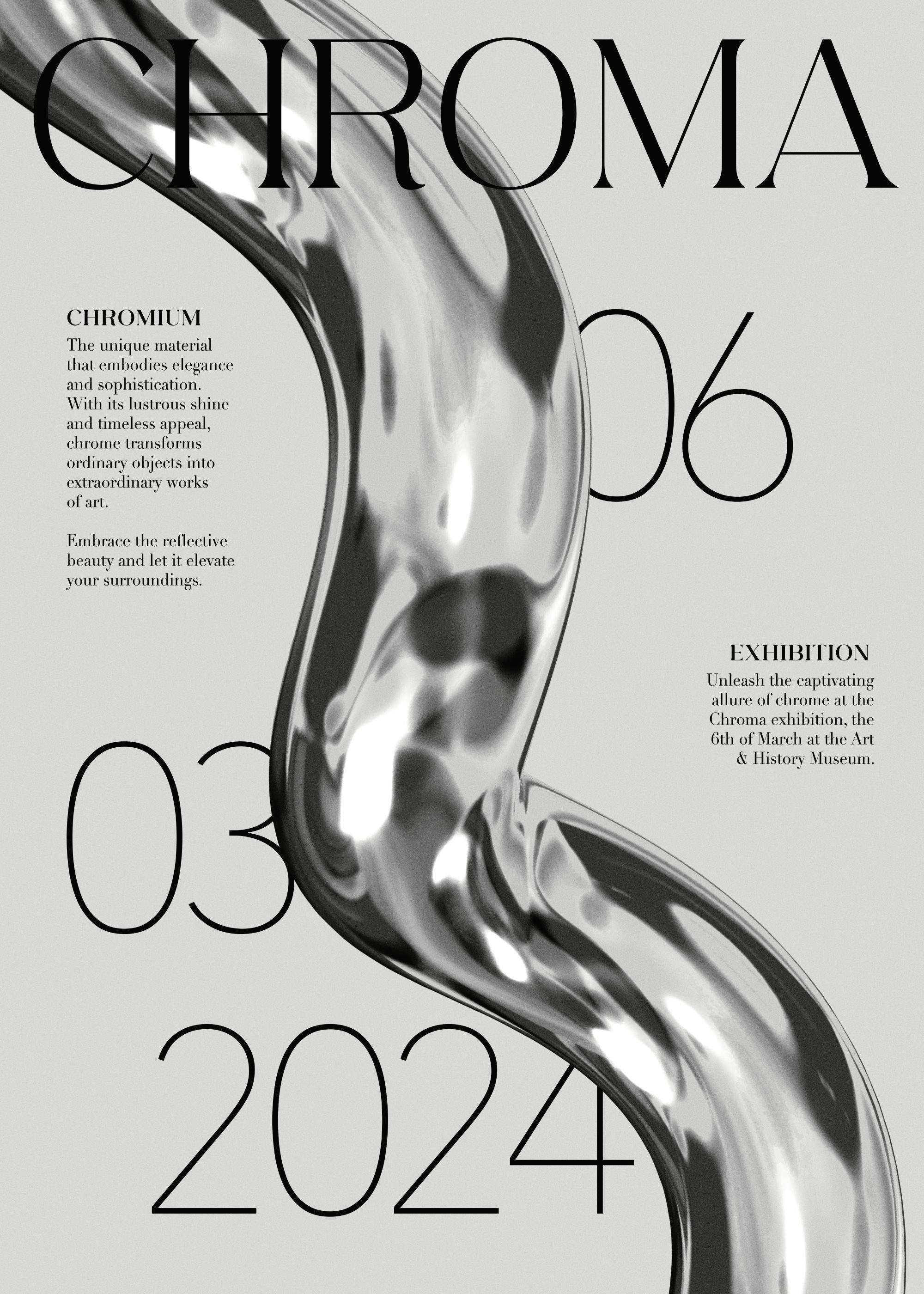 Chroma print poster with a shiny, reflective chrome wave flowing over text details on a light grey background.
