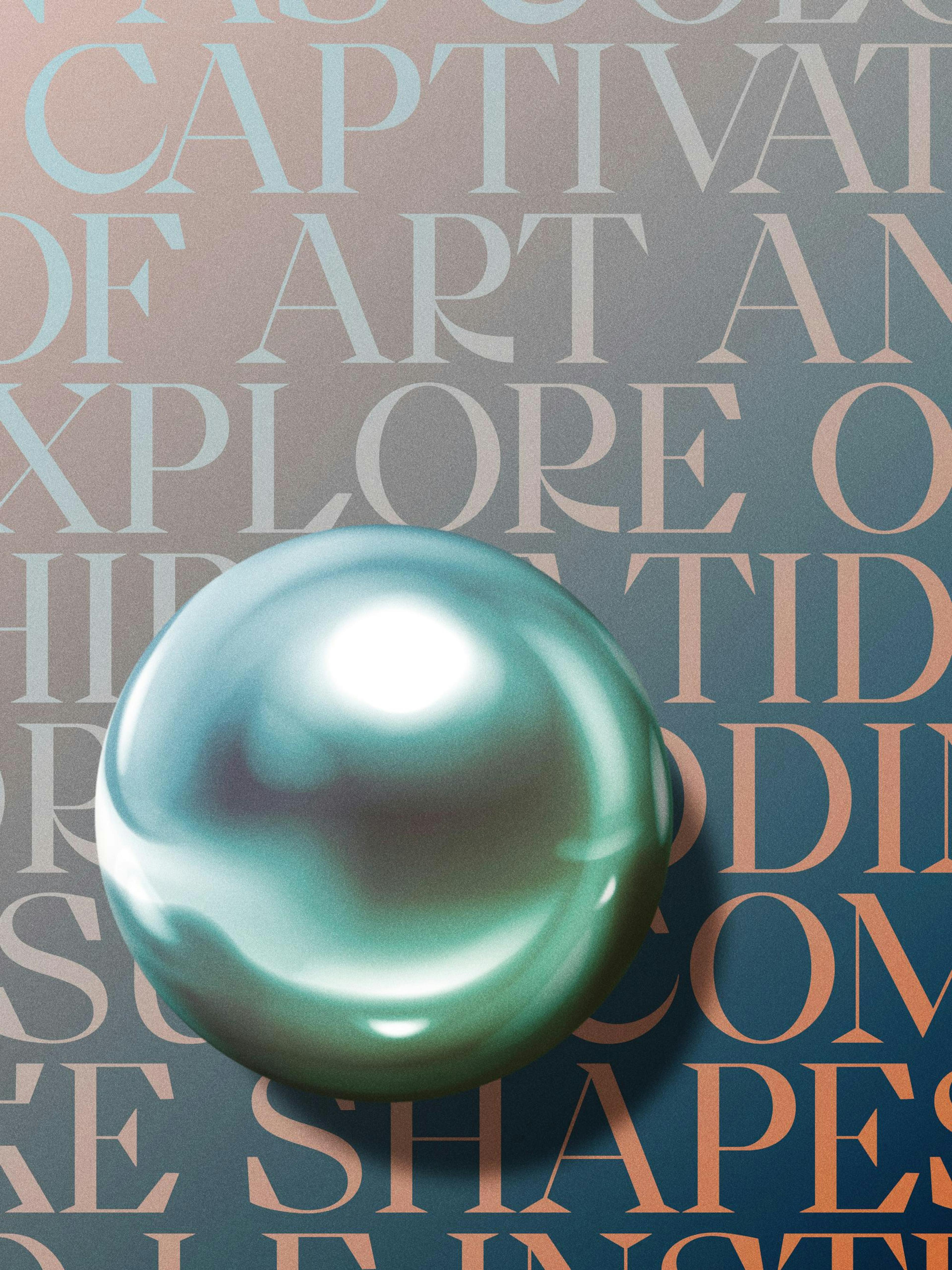 Virtual Sphere poster print with a 3D turquoise chrome ball and gradient typography in the background