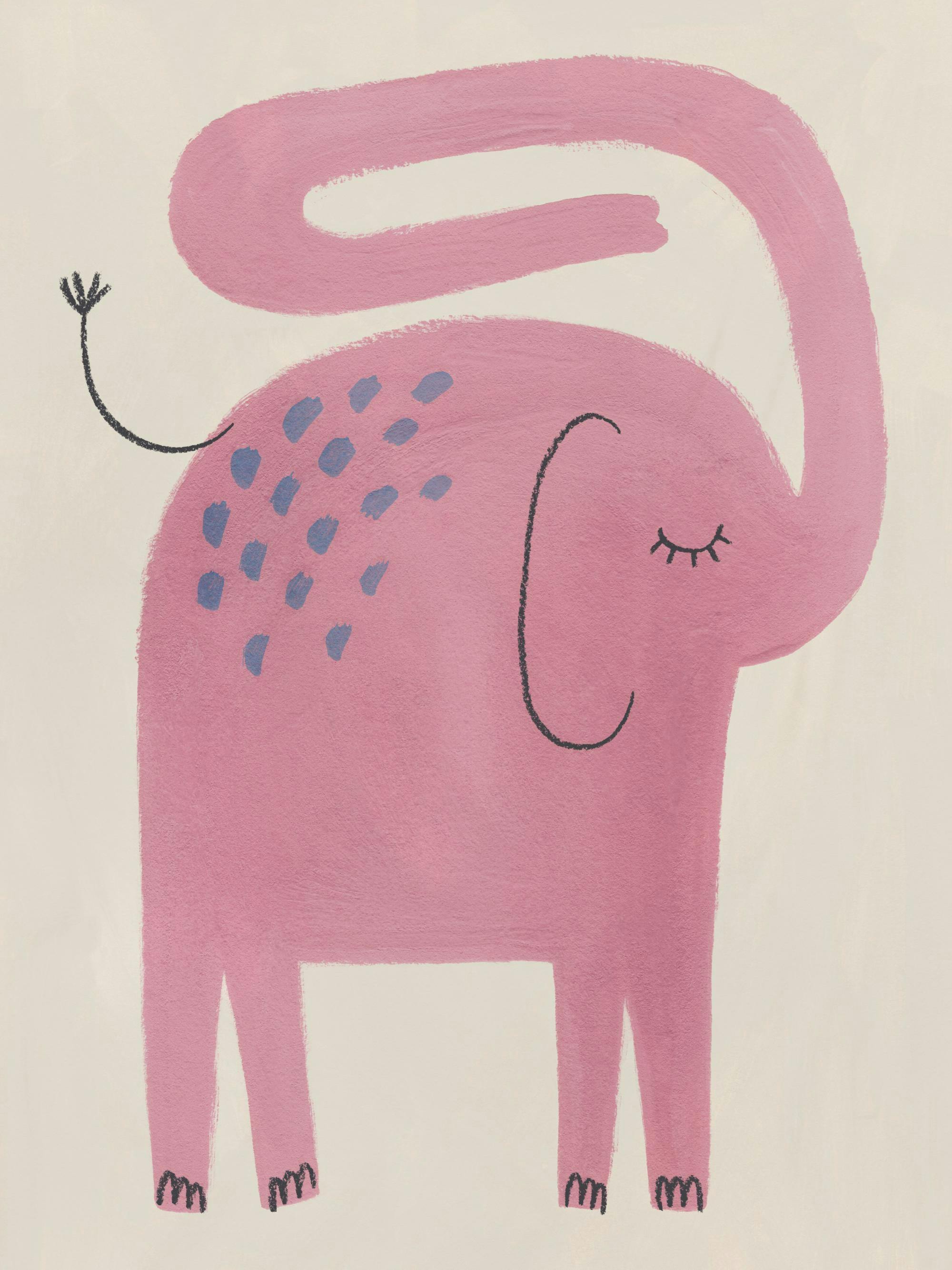 Rosa elefantposter med blå fläckar, sluten öga och en lekfull snabel på beige bakgrund. Barnrumsdekoration.