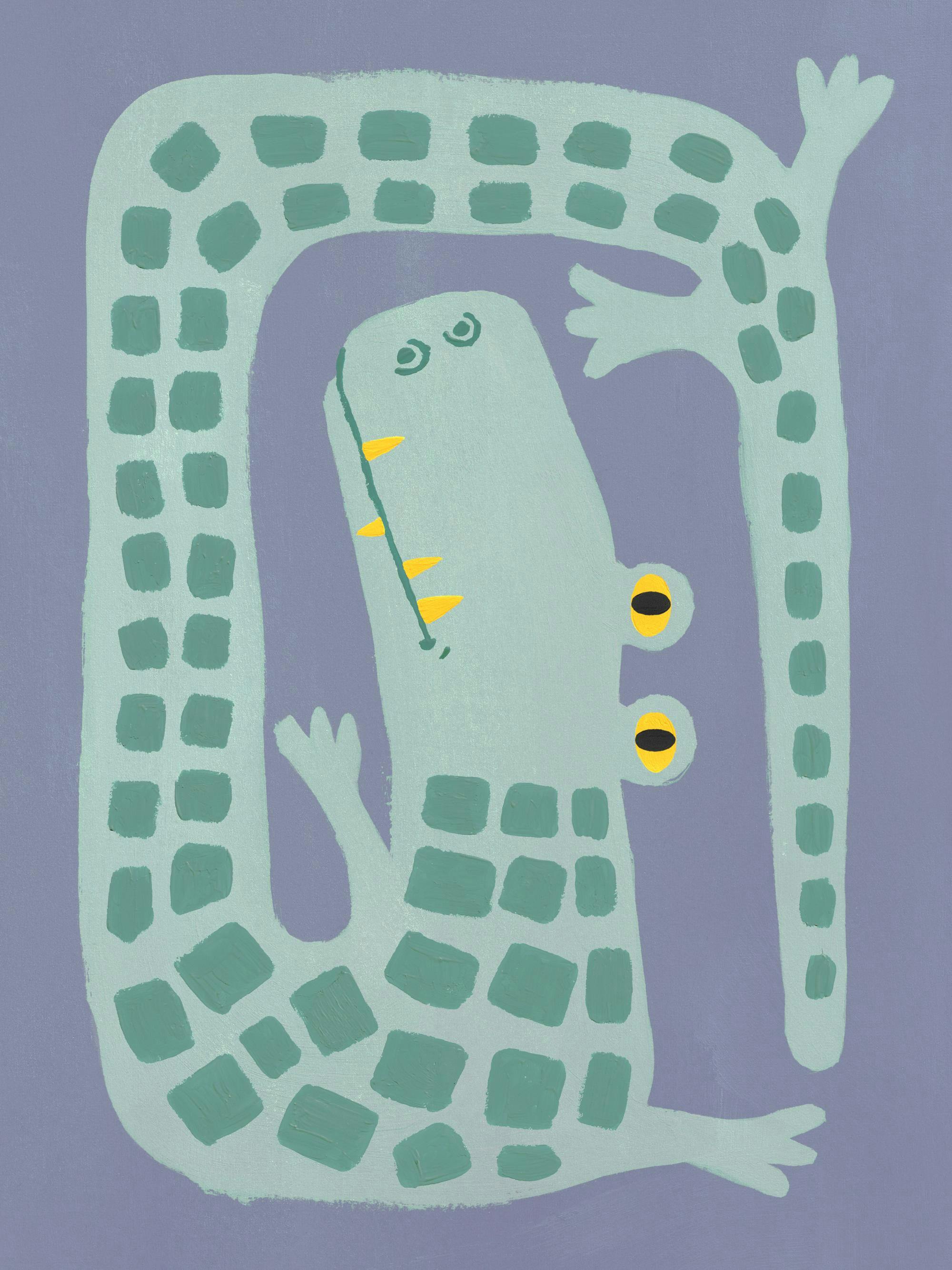 Grön krokodilillustration med gula ögon och tänder på en blå bakgrund, lekfull affisch