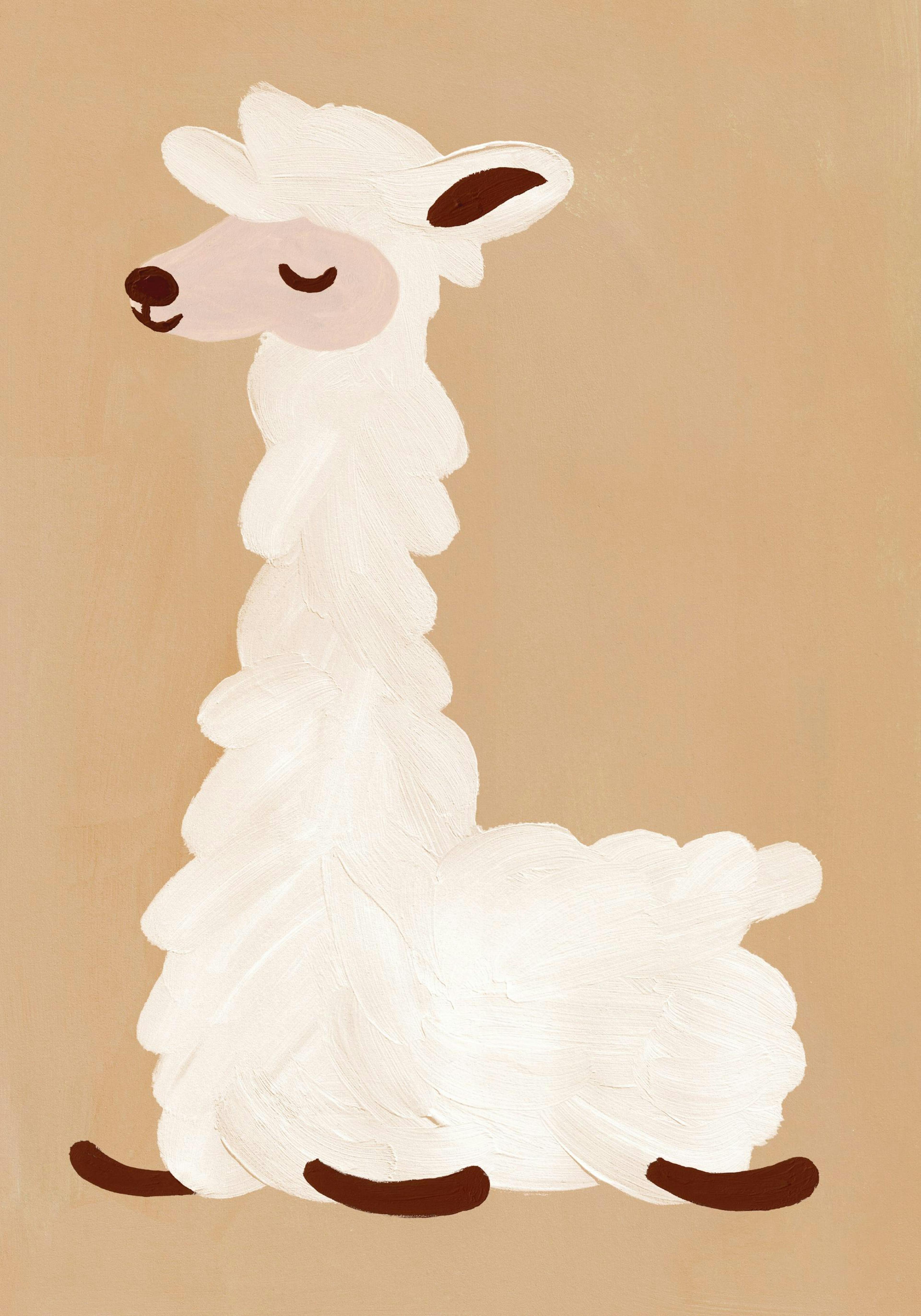 Kunstplakat med hvit lama-illustrasjon i penselstrøk, med rosa snute og brune hover, på beige bakgrunn.