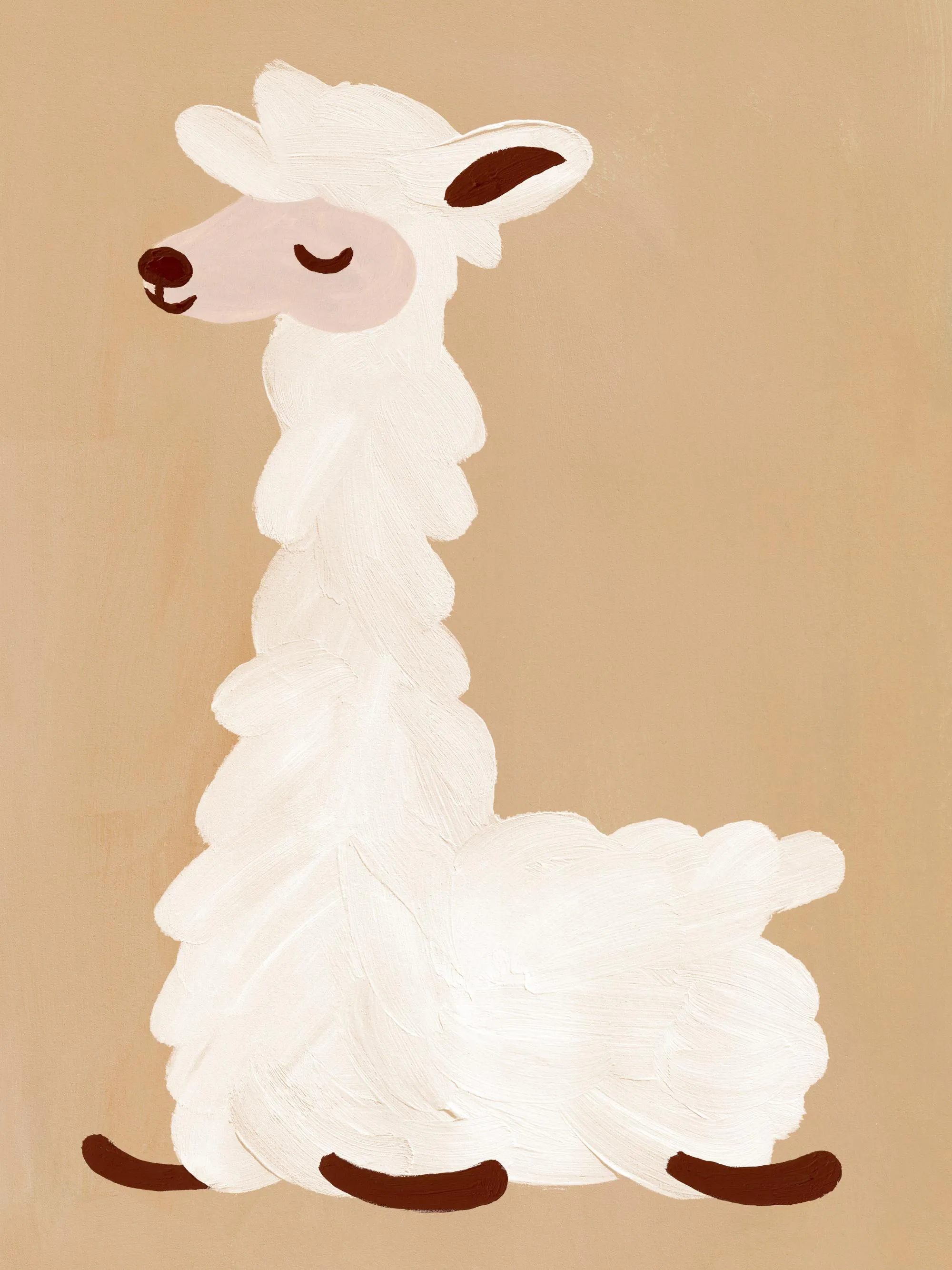 Poster lama bianco felice, dettagli marroni, sfondo beige, stile pittura a olio