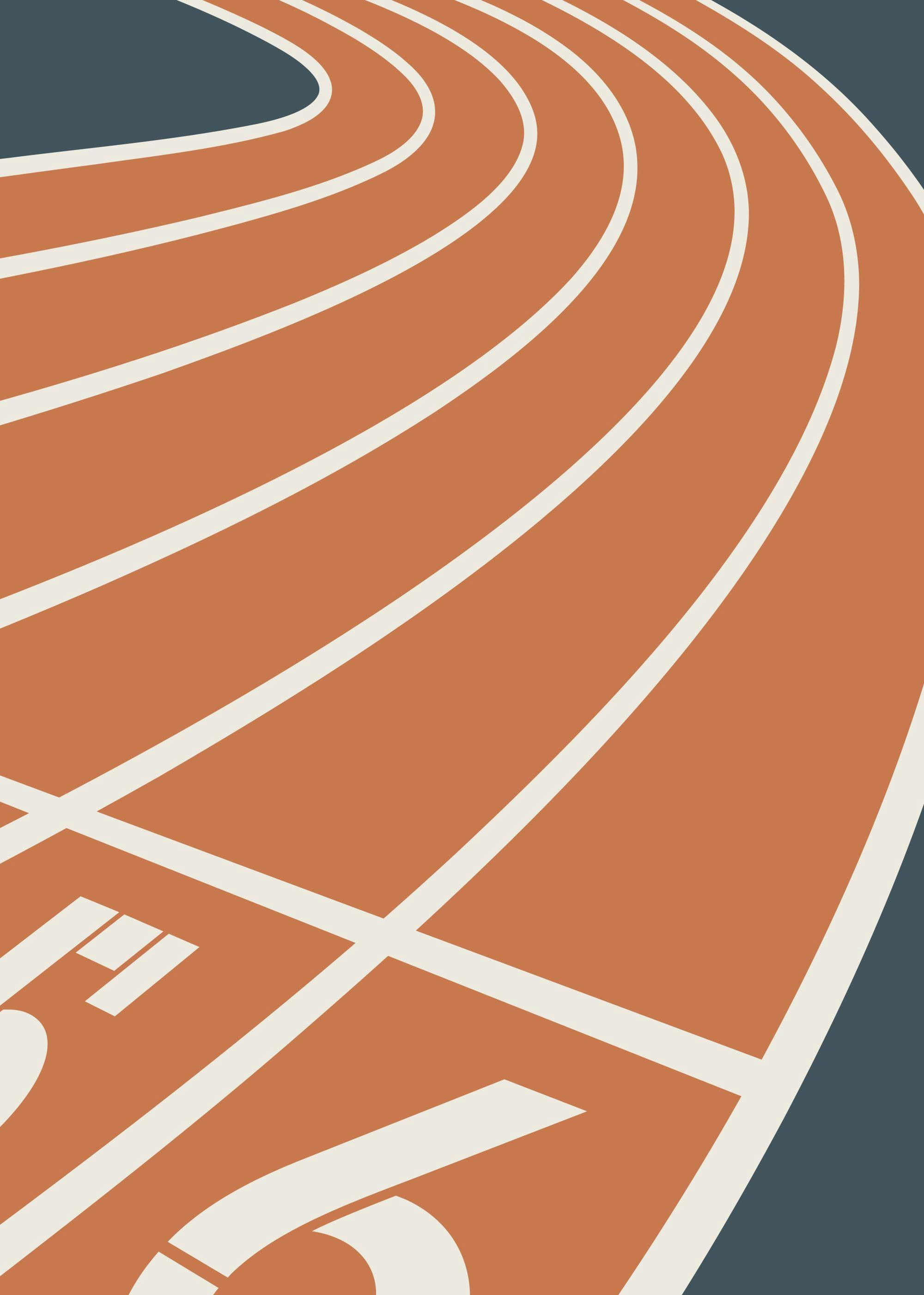 Graphic illustration of a running track with numbers in beige, orange, and navy blue, a sports poster.