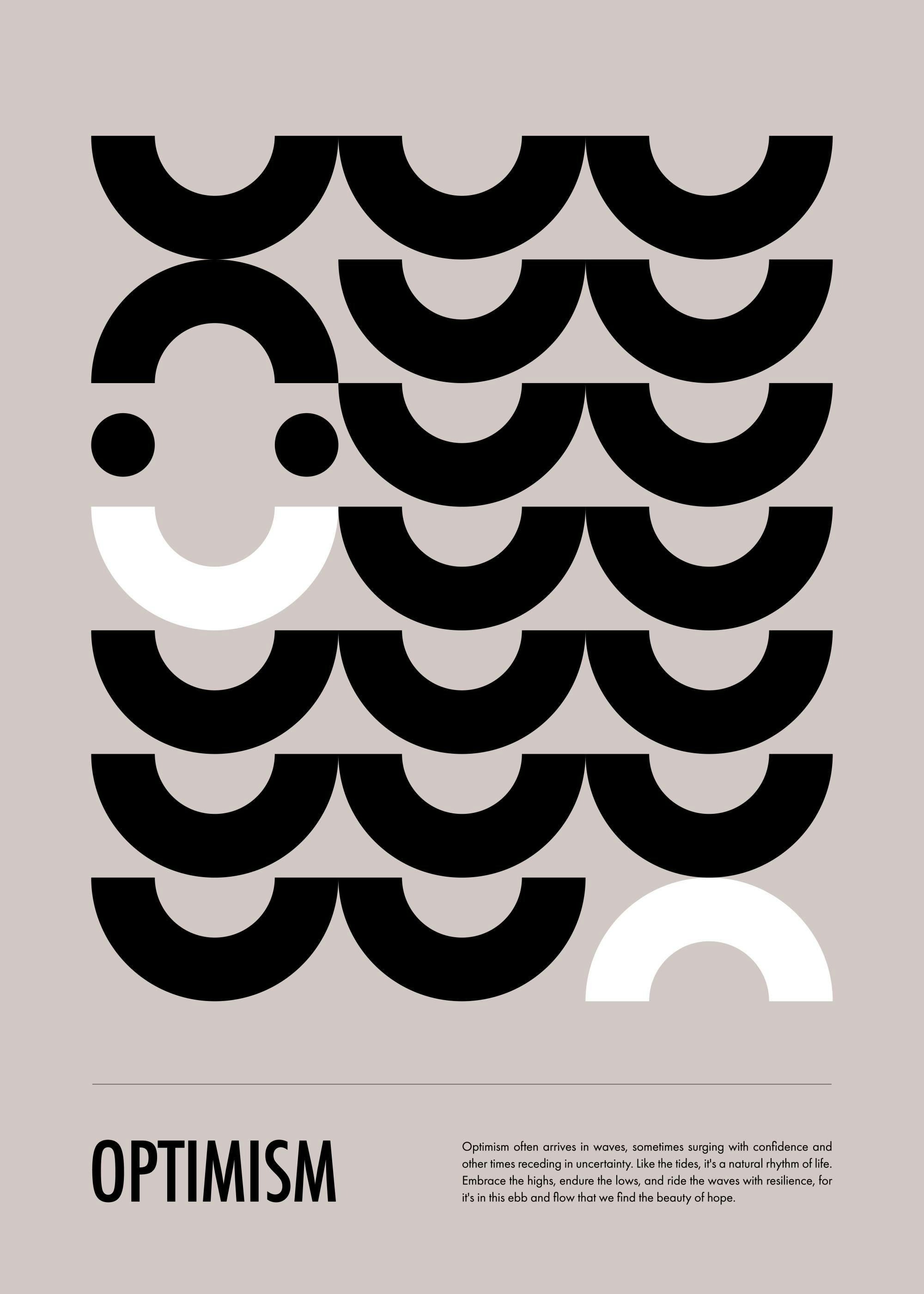 Plakat Optimism z czarnymi i białymi półkolami tworzącymi wzór fal na beżowym tle, typografia Optimism