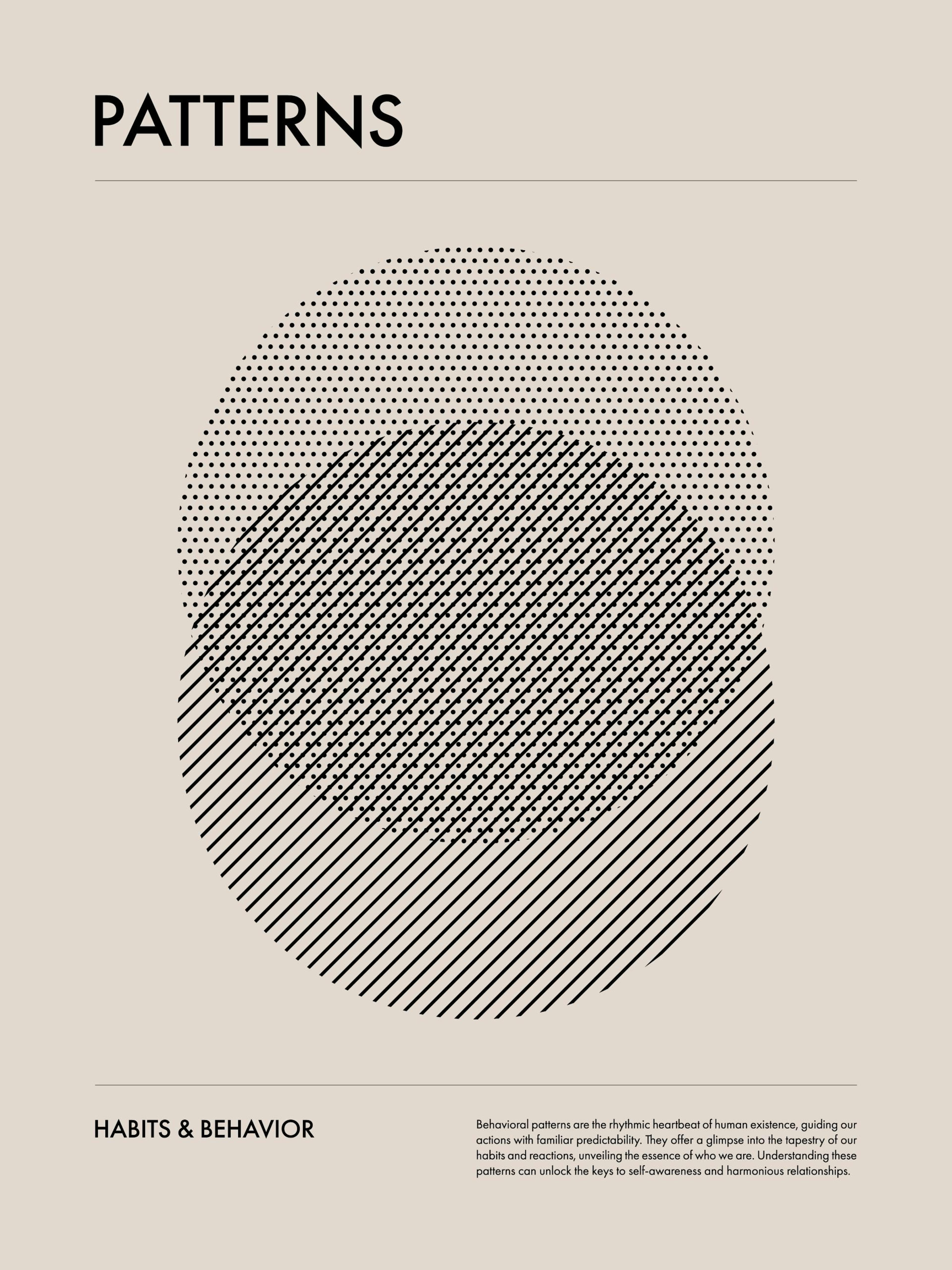 Poster mit überlappenden Kreisen, gefüllt mit schwarzen Punkten und diagonalen Linien auf beigem Hintergrund.
