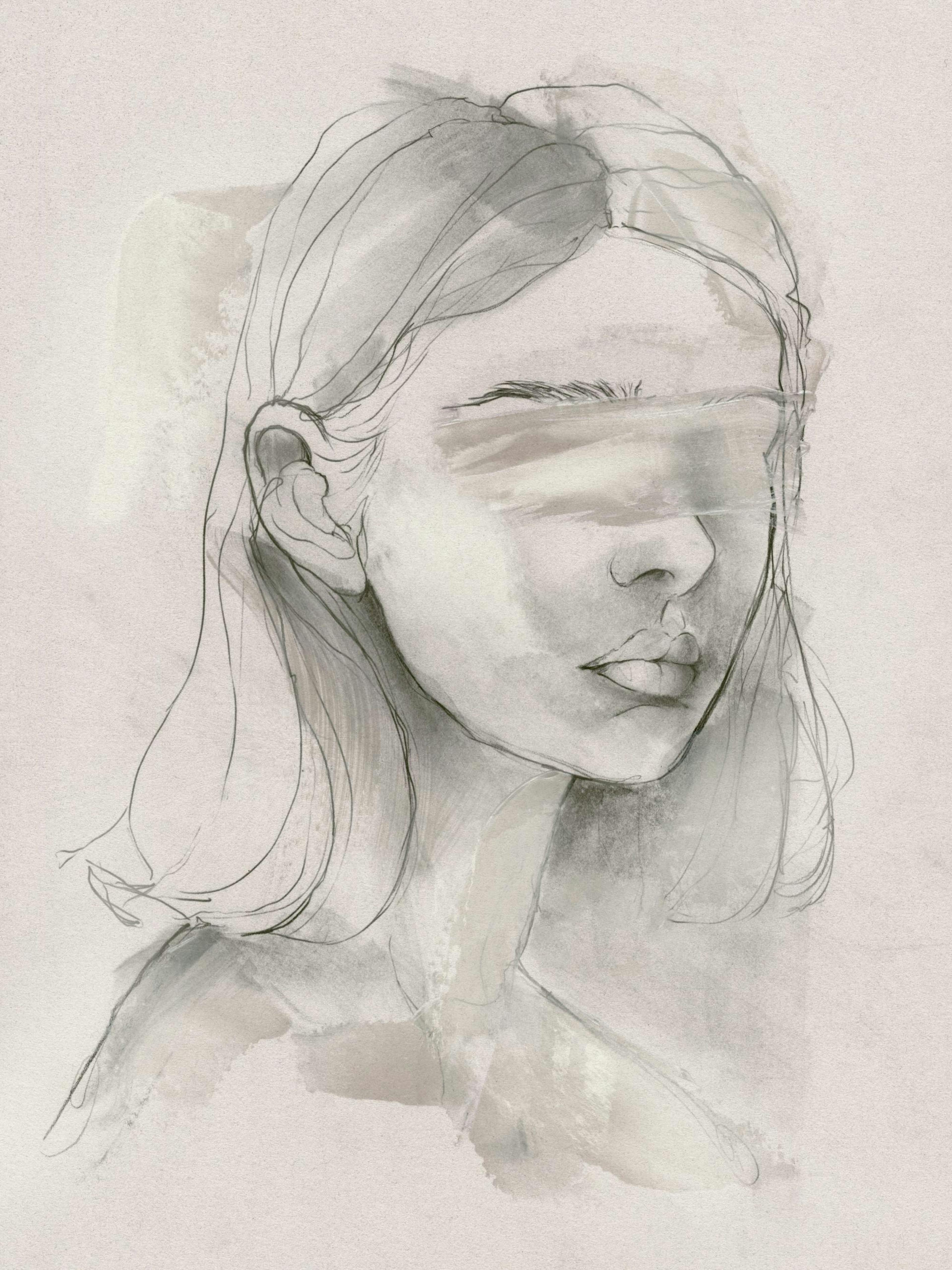 Handgemaltes Poster einer Frau mit verbundenen Augen in warmem Beigeton, minimalistisches Kunstwerk