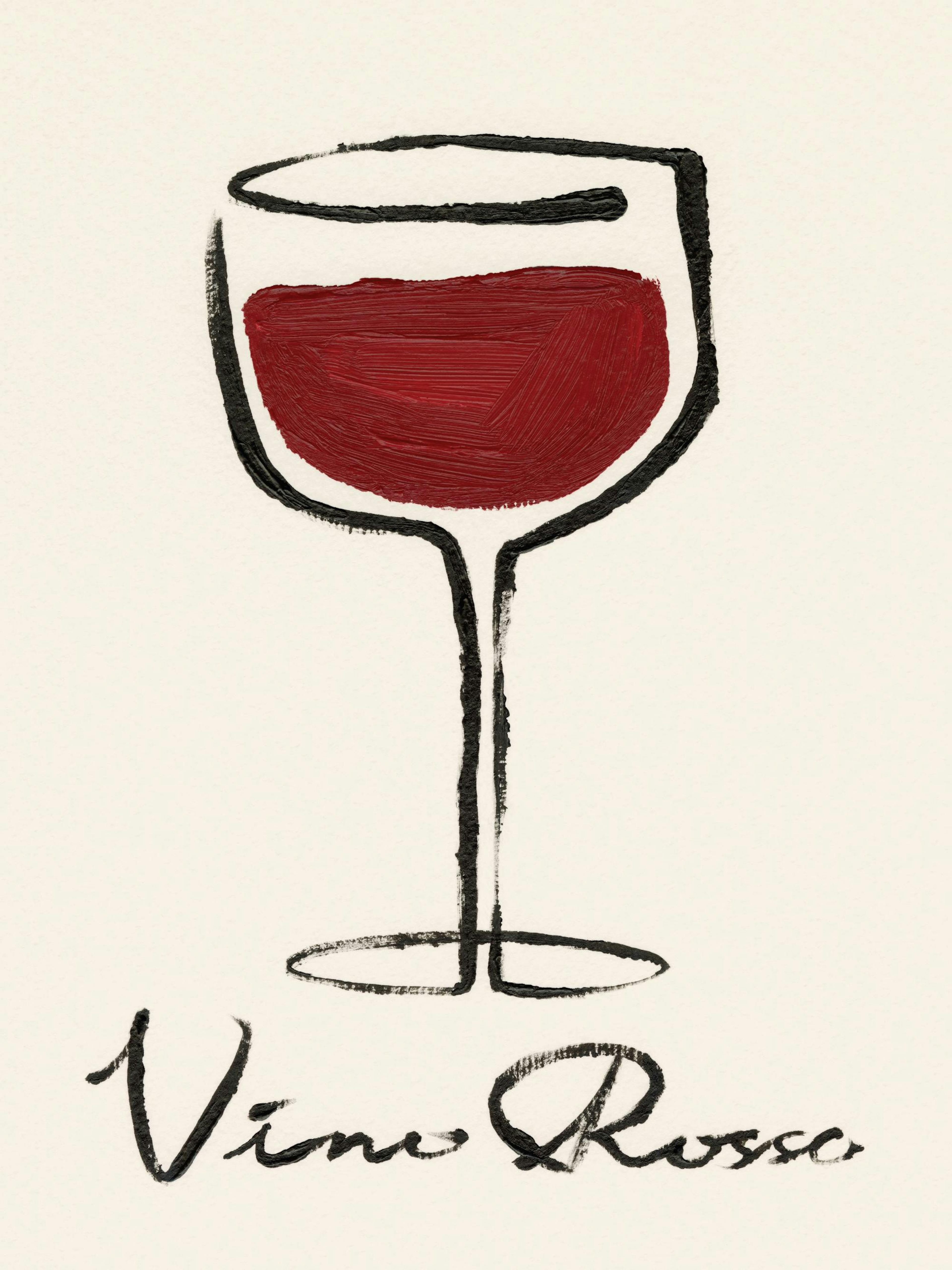 Rood wijnglas met dikke zwarte lijnen en rode verfstreken, daaronder Vino Rosso in script lettertype op beige achtergrond.