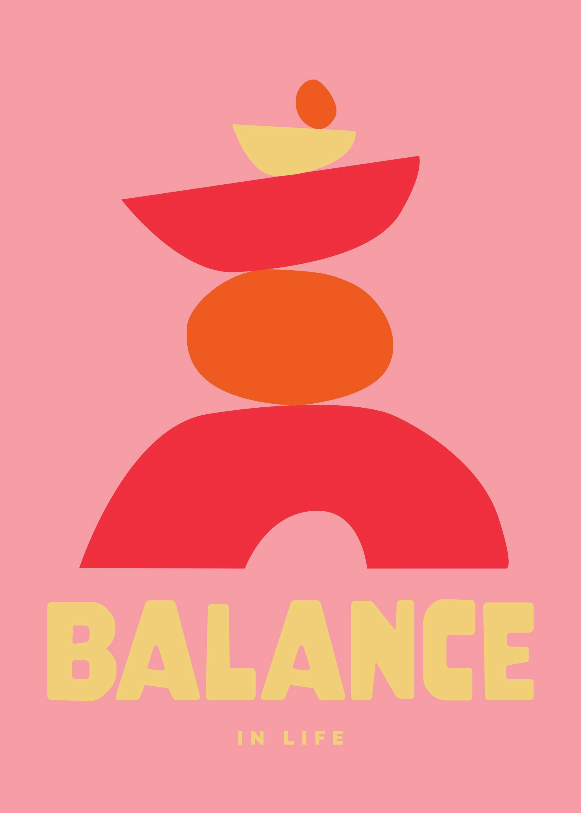 Affiche rose sur léquilibre, avec formes géométriques stylisées et le mot balance en typographie jaune.
