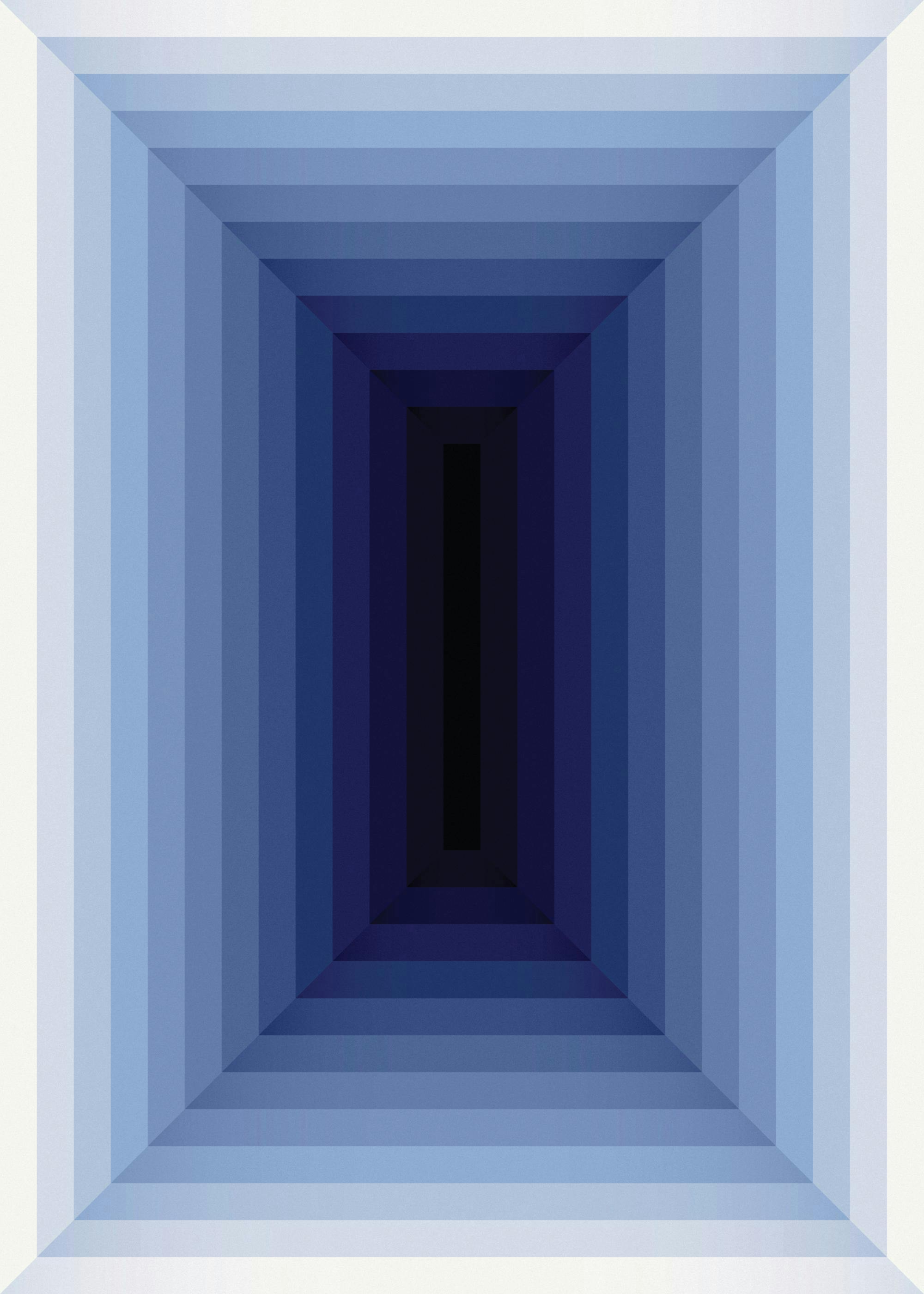 Affiche abstraite avec des nuances de bleu formant un tunnel rectangulaire profond, du clair au foncé, créant une illusion dopti